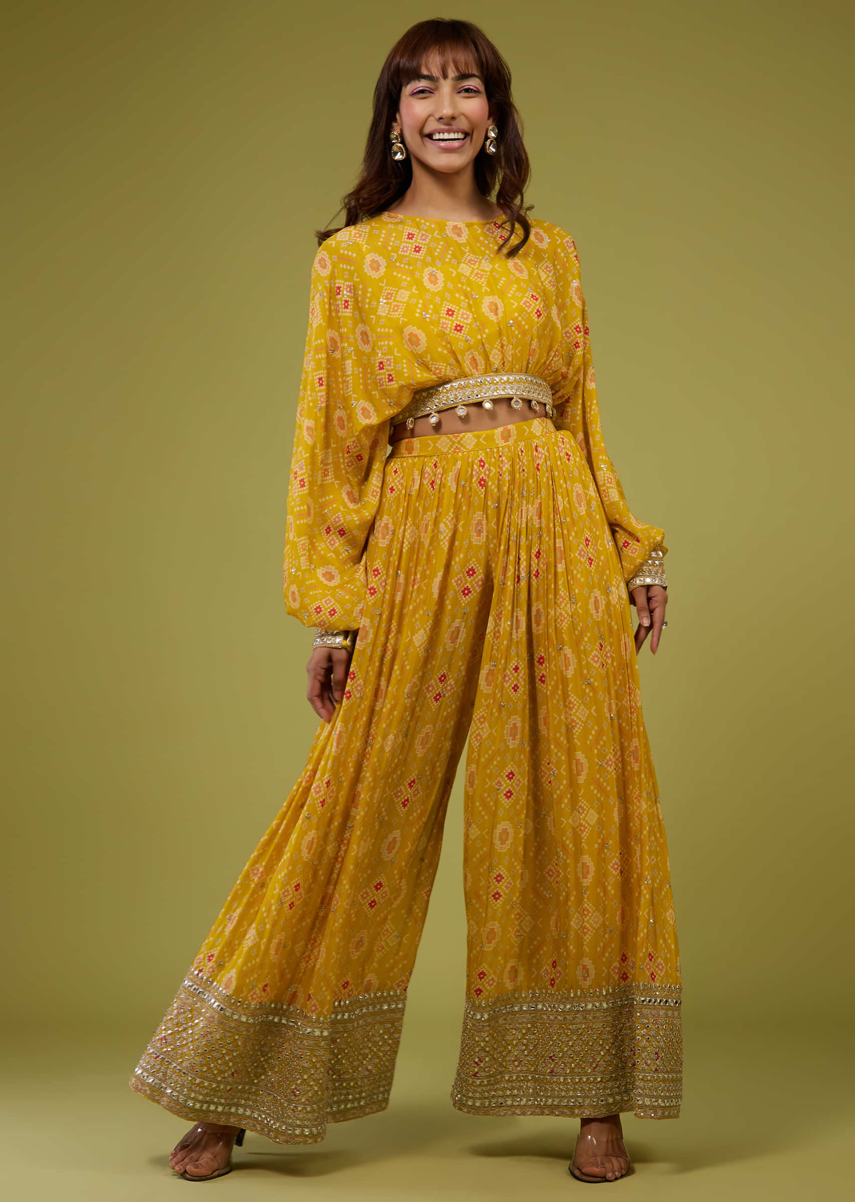 Mustard Yellow Embroidered Crop Top With Palazzo Pants Design by Sanya  Gulati at Pernias Pop Up Shop 2023