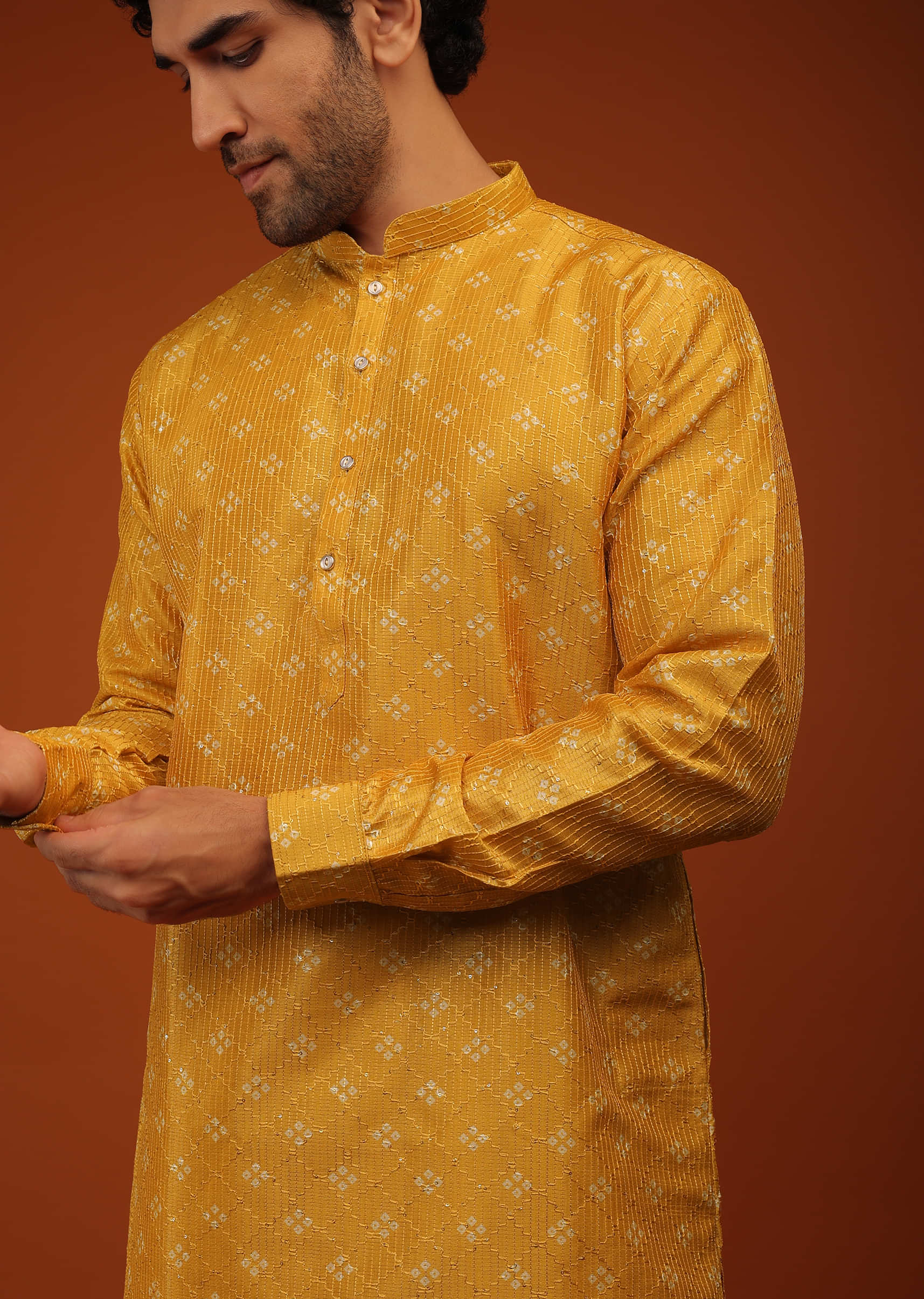 Golden Yellow Kurta Set In Bandhani Print.