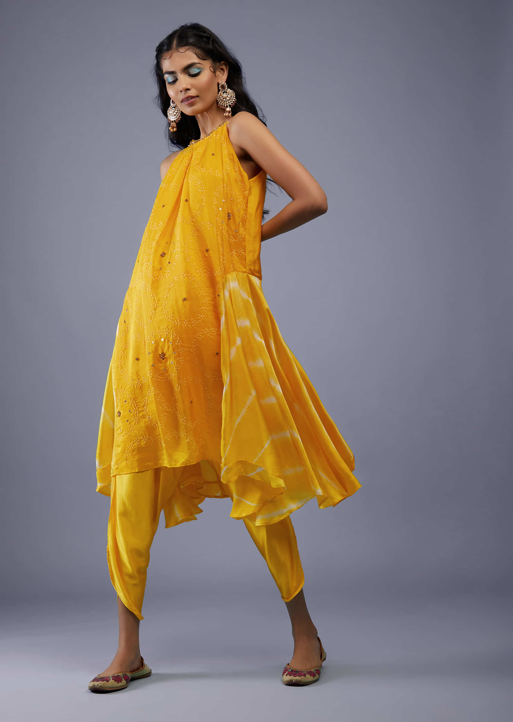 Cyber Yellow Bandhani Tunic Top In Silk With Printed Silk Dhoti Pants