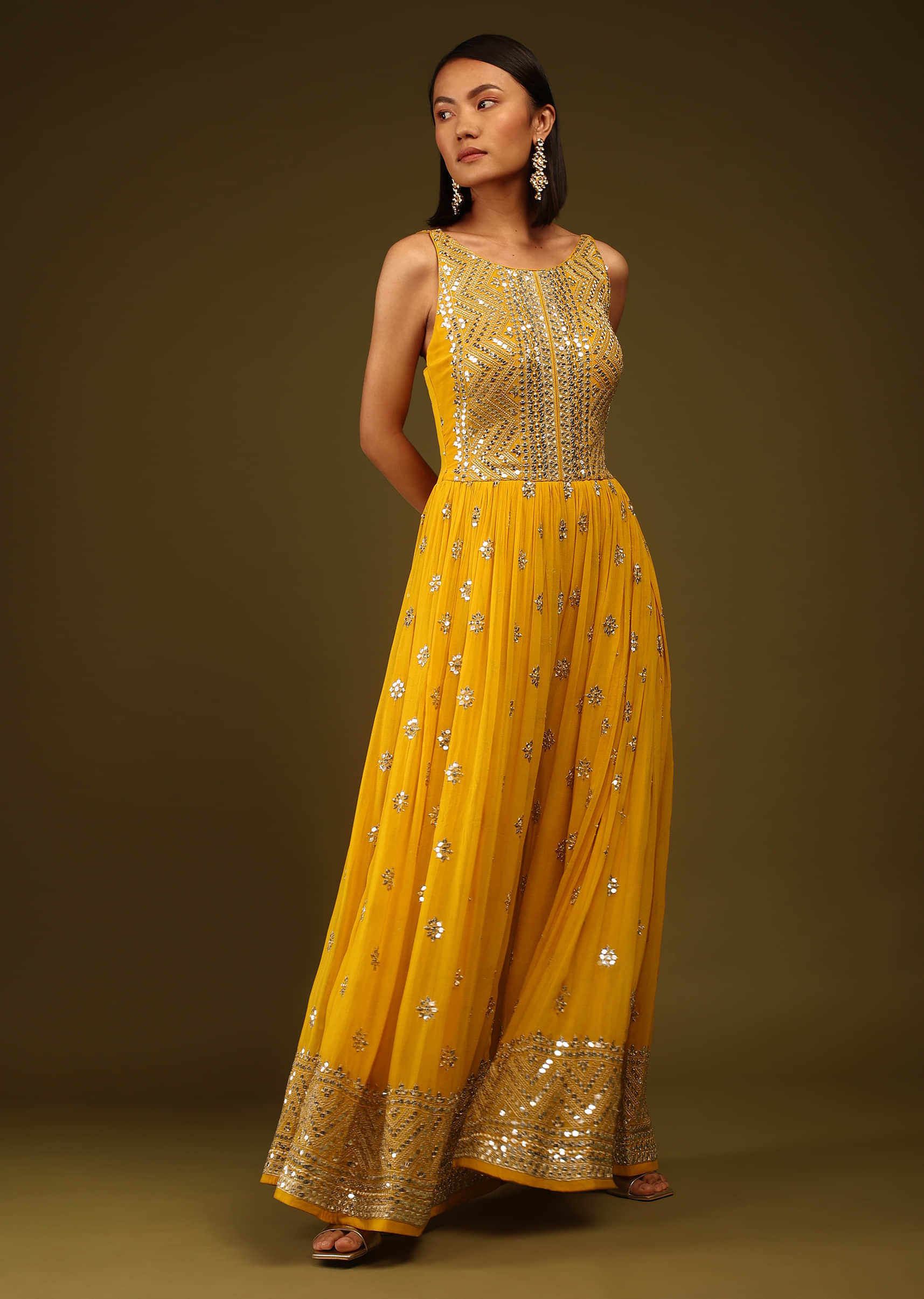 Golden Yellow Sequins Jumpsuit Sequins And Cut Dana Embroidered Buttis, Sleeveless, And Back Zip Closure. 