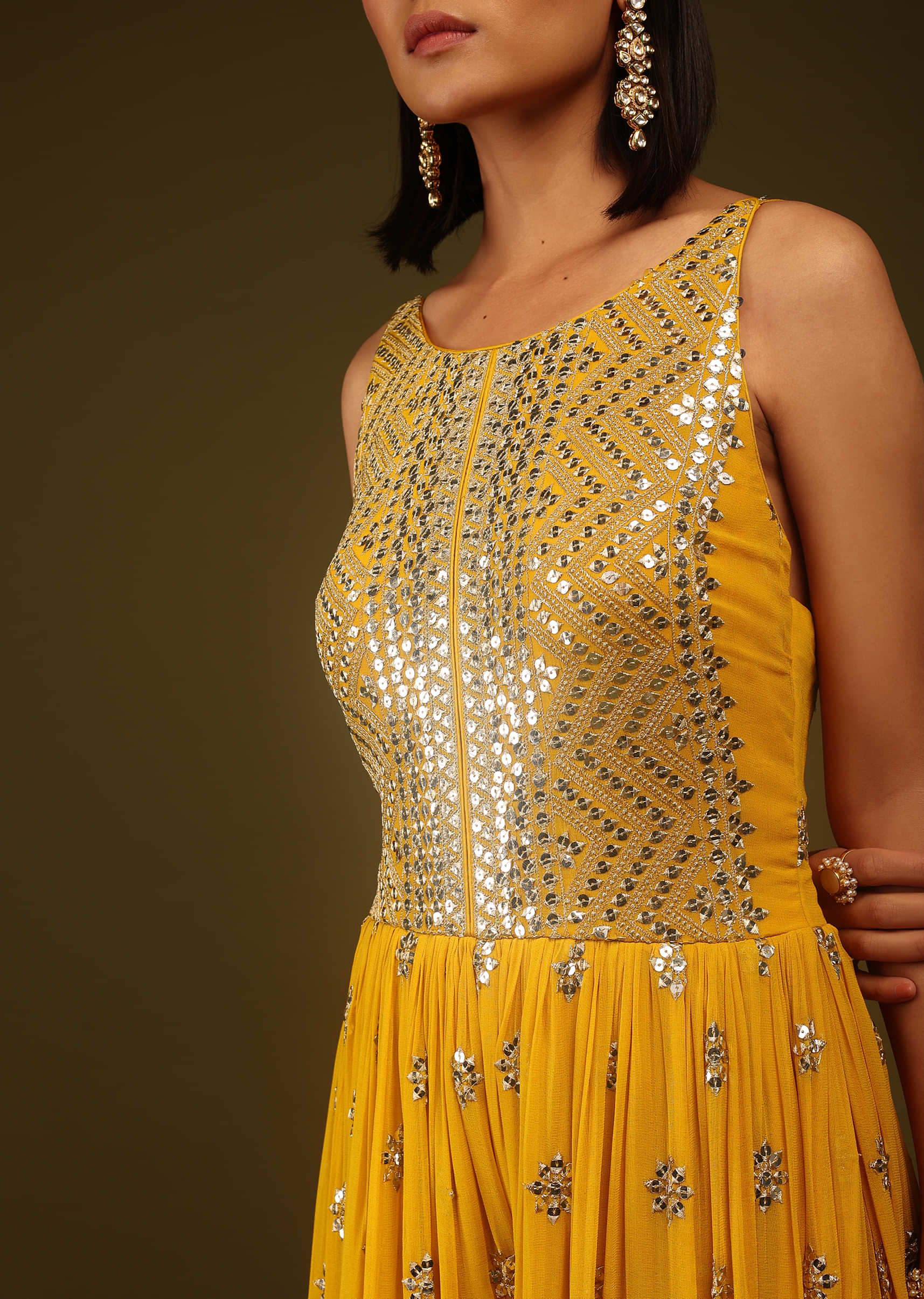 Golden Yellow Sequins Jumpsuit Sequins And Cut Dana Embroidered Buttis, Sleeveless, And Back Zip Closure. 