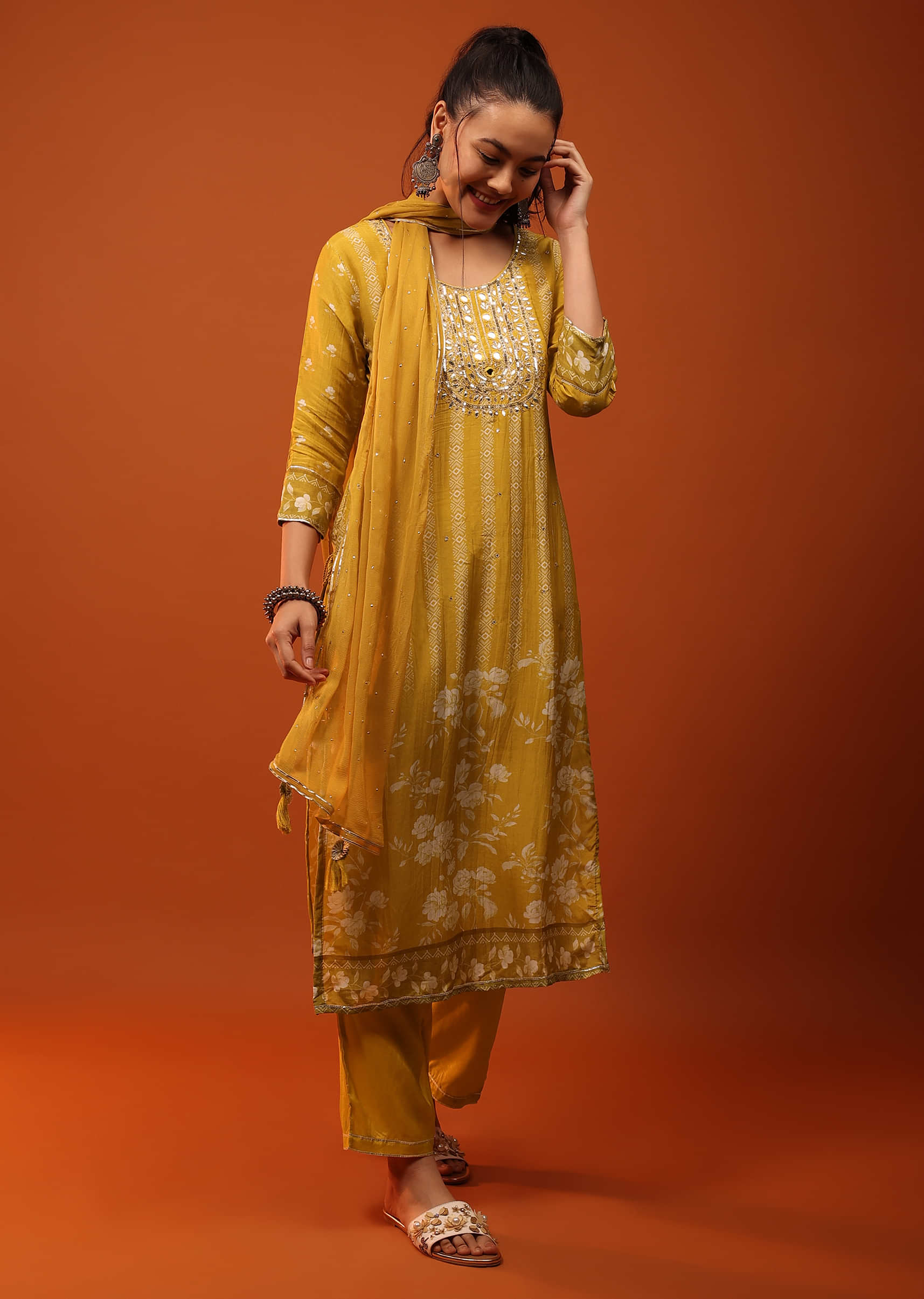 Golden Yellow Sharara Suit With Mirror Work