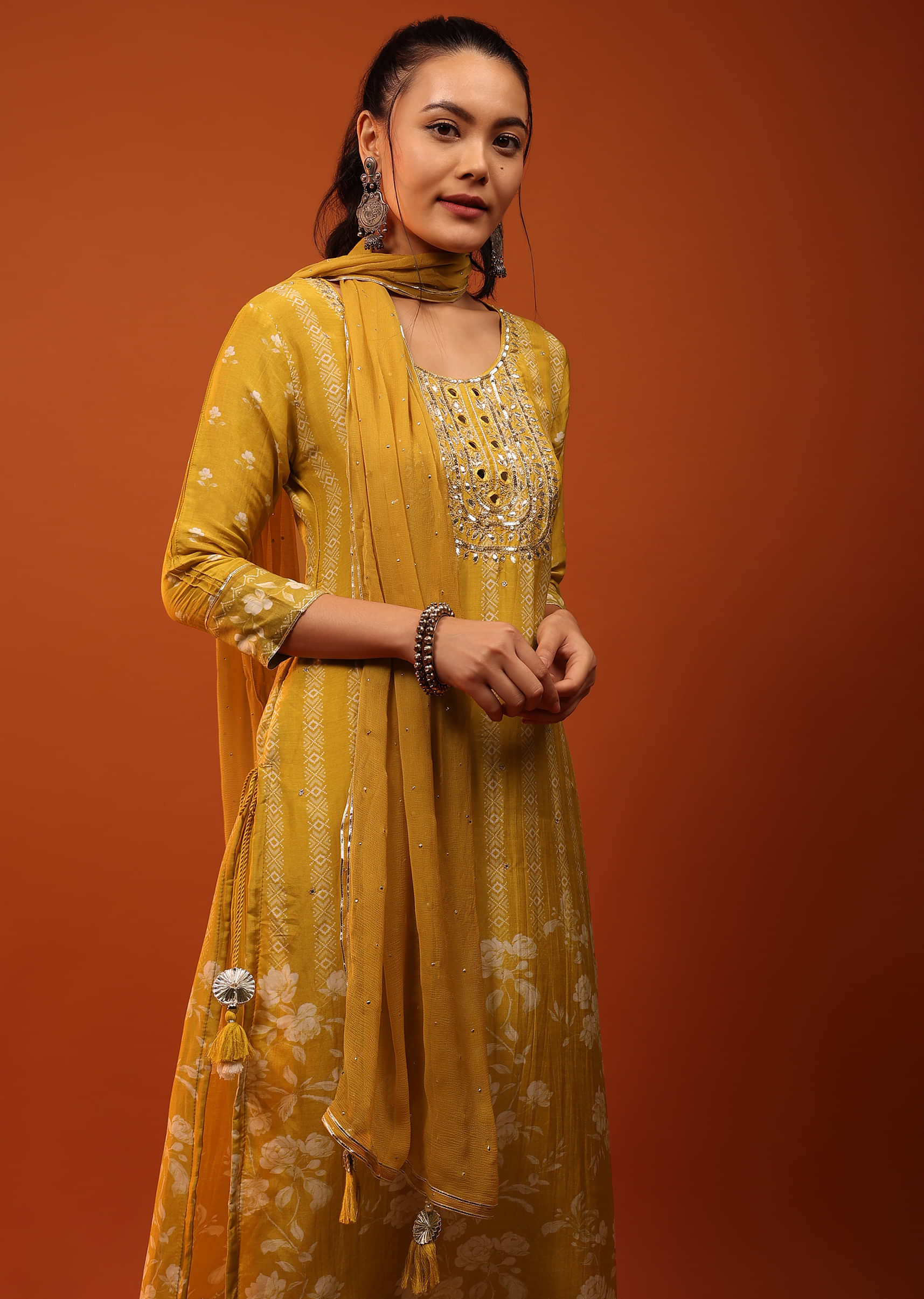 Golden Yellow Sharara Suit With Mirror Work