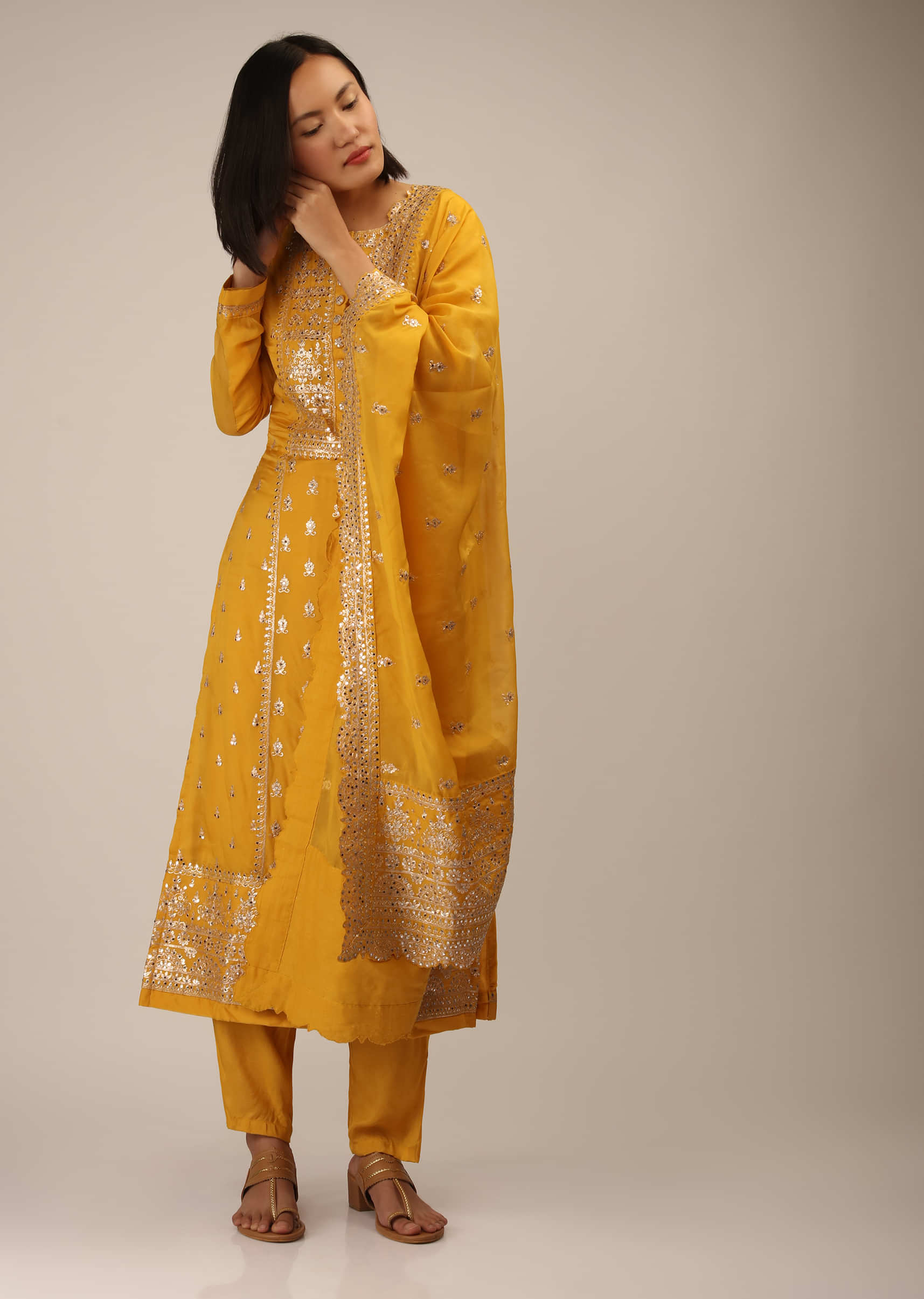 Golden Yellow Straight Cut Suit In Organza Silk With Zari And Mirror Work And Full Sleeves
