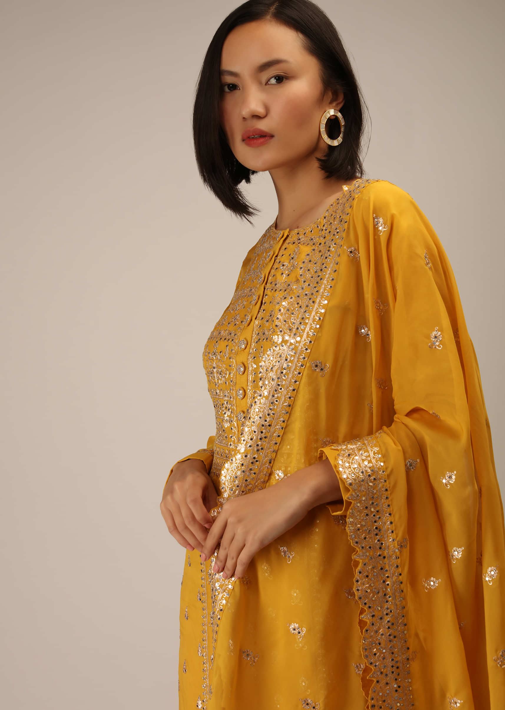 Golden Yellow Straight Cut Suit In Organza Silk With Zari And Mirror Work And Full Sleeves
