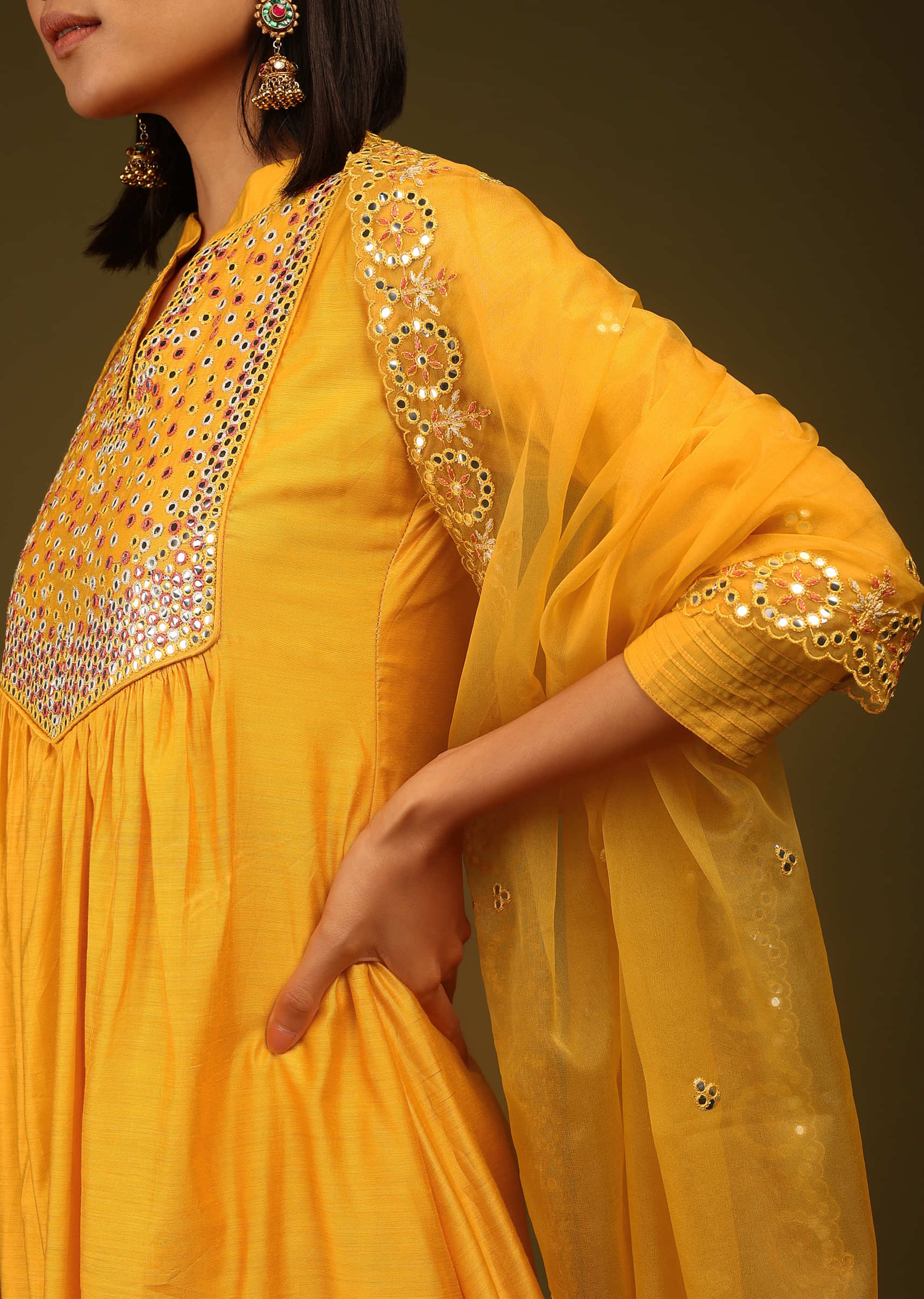 Goldenrod Mirror Work A-Line Kurta Set In Cotton Silk With Matching Dupatta And Pants