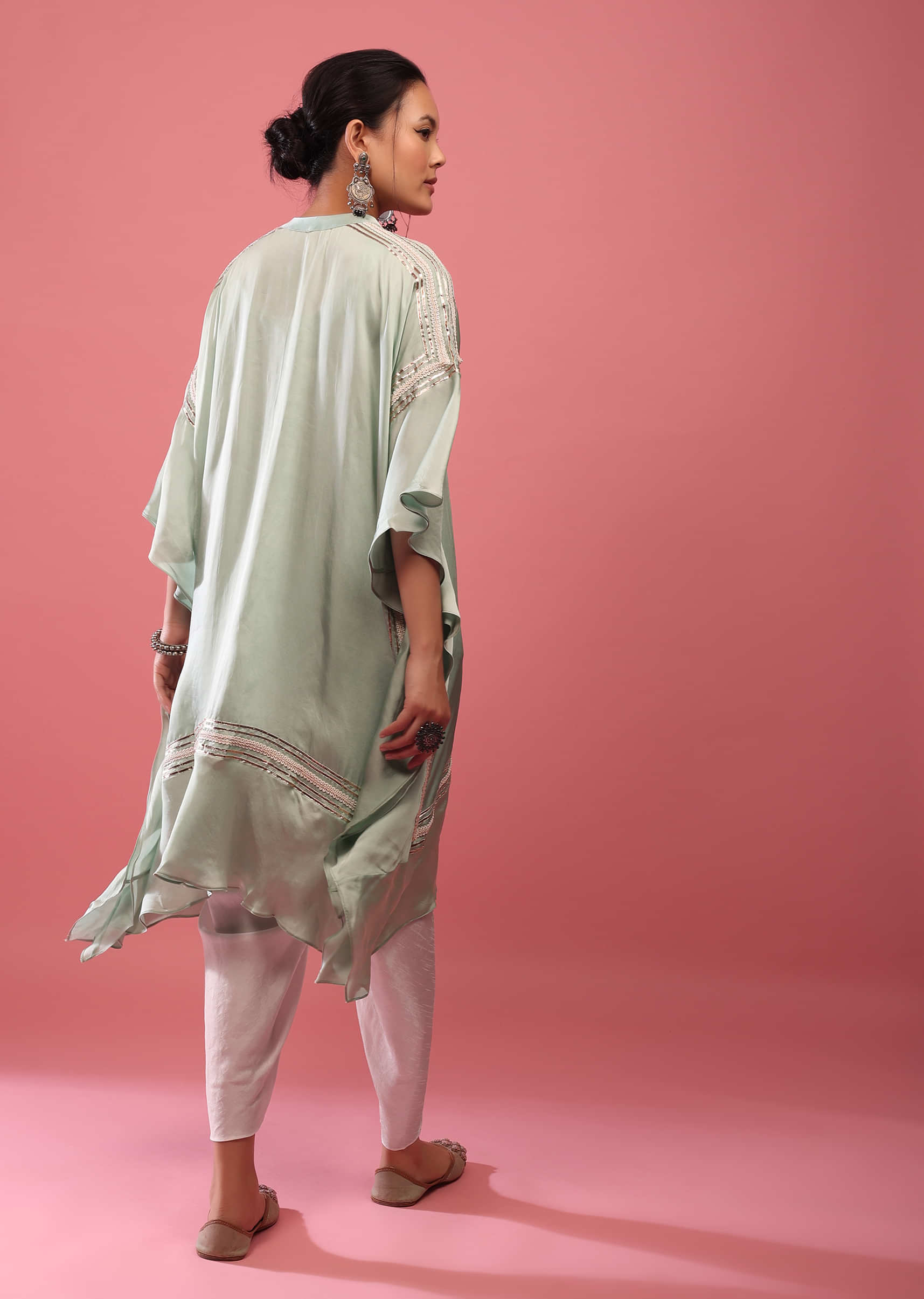Powder Green Kaftan Suit Embroidered In Satin With Dhoti Pants