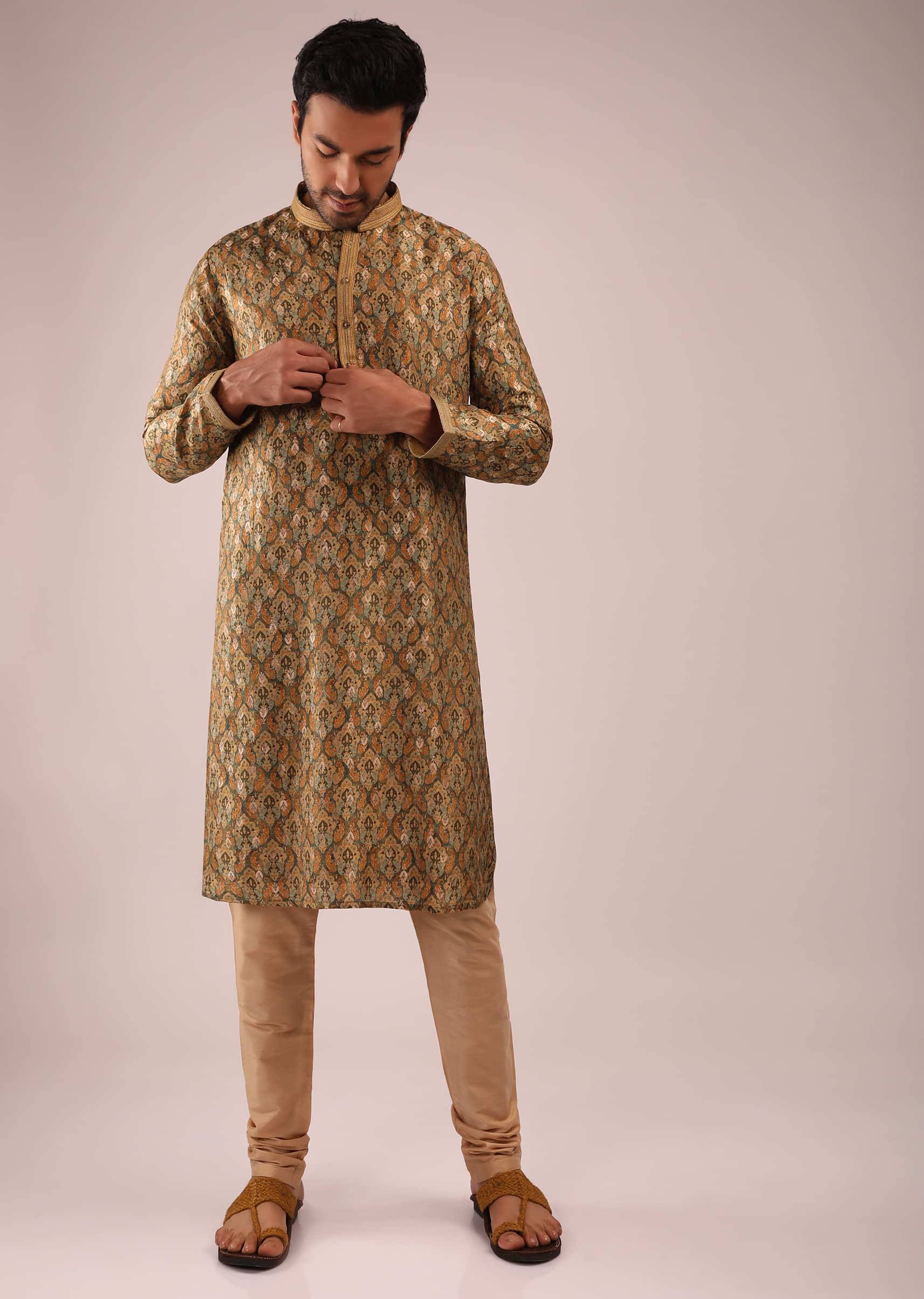 Gothic Olive Kurta Set In Brocade Silk With Earthy Colored Block Printed Moroccan Jaal