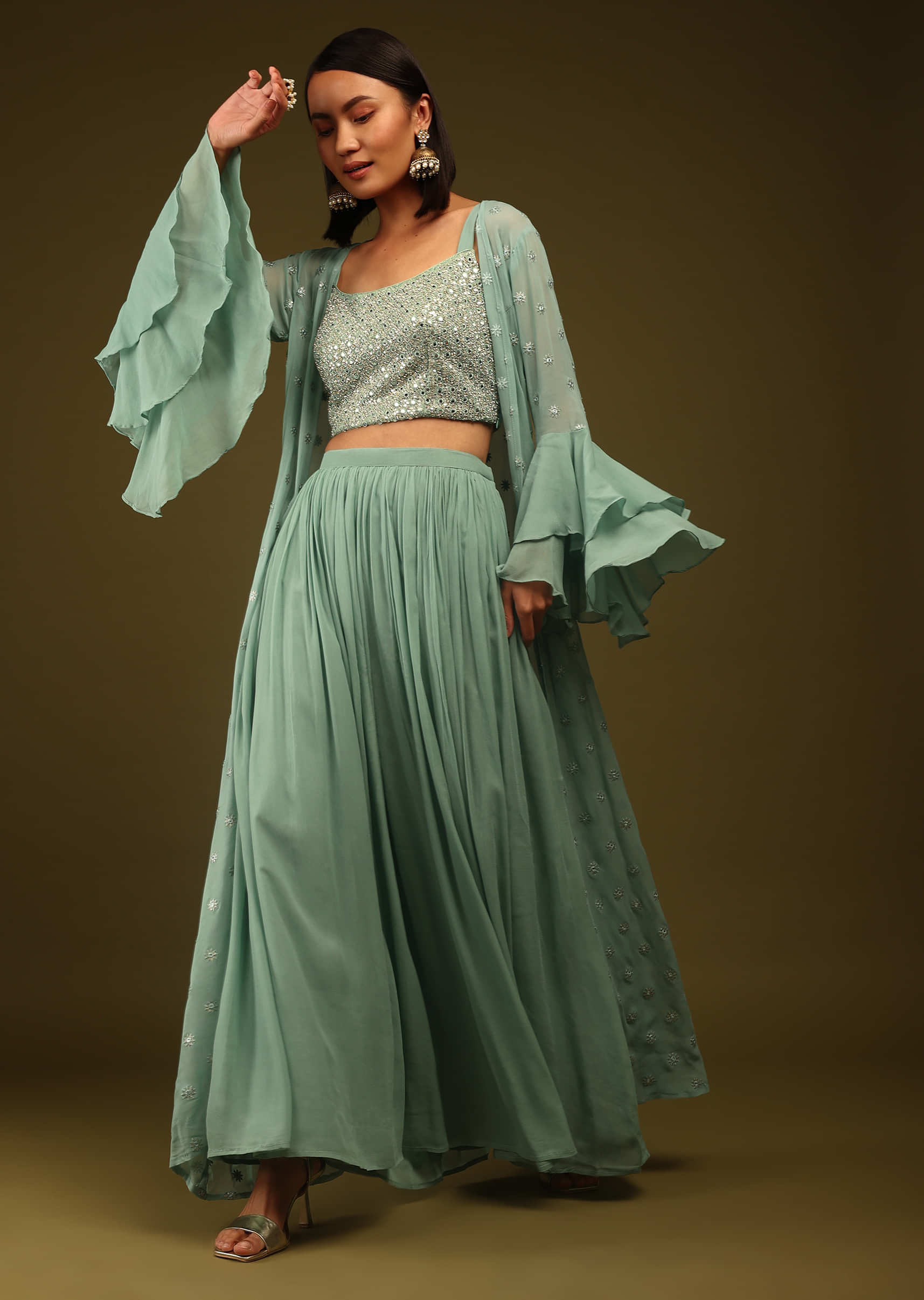 Granite Green Crop Top In Mirror Work Embroidery Flared Palazzo And Long Jacket