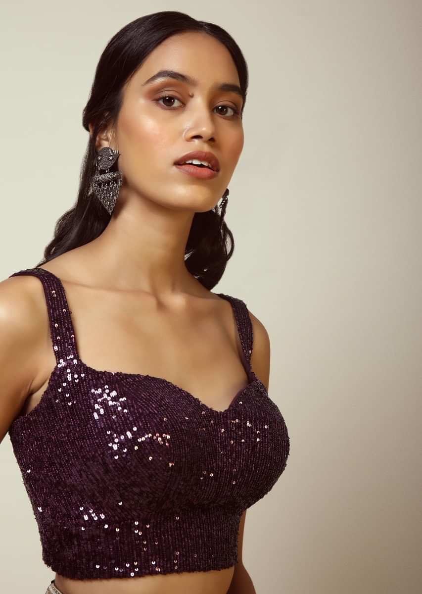 Grape Purple Sleeveless Blouse With Sweetheart Neckline And Heavily Embellished In Shimmering Sequins