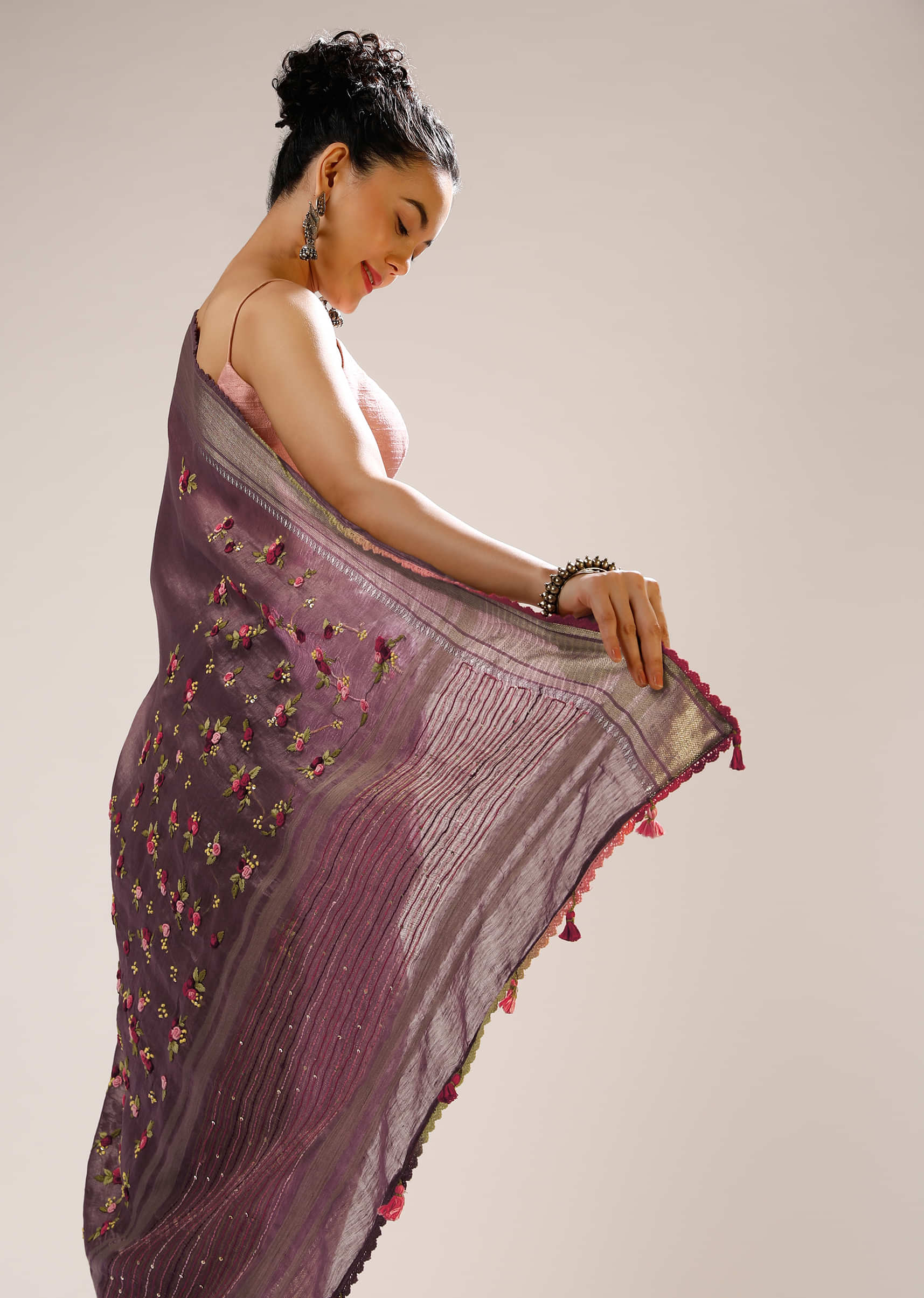 Grape Shake Saree In Tussar Silk With Multicolored Bud Hand Embroidered Roses And Running Stich Design  