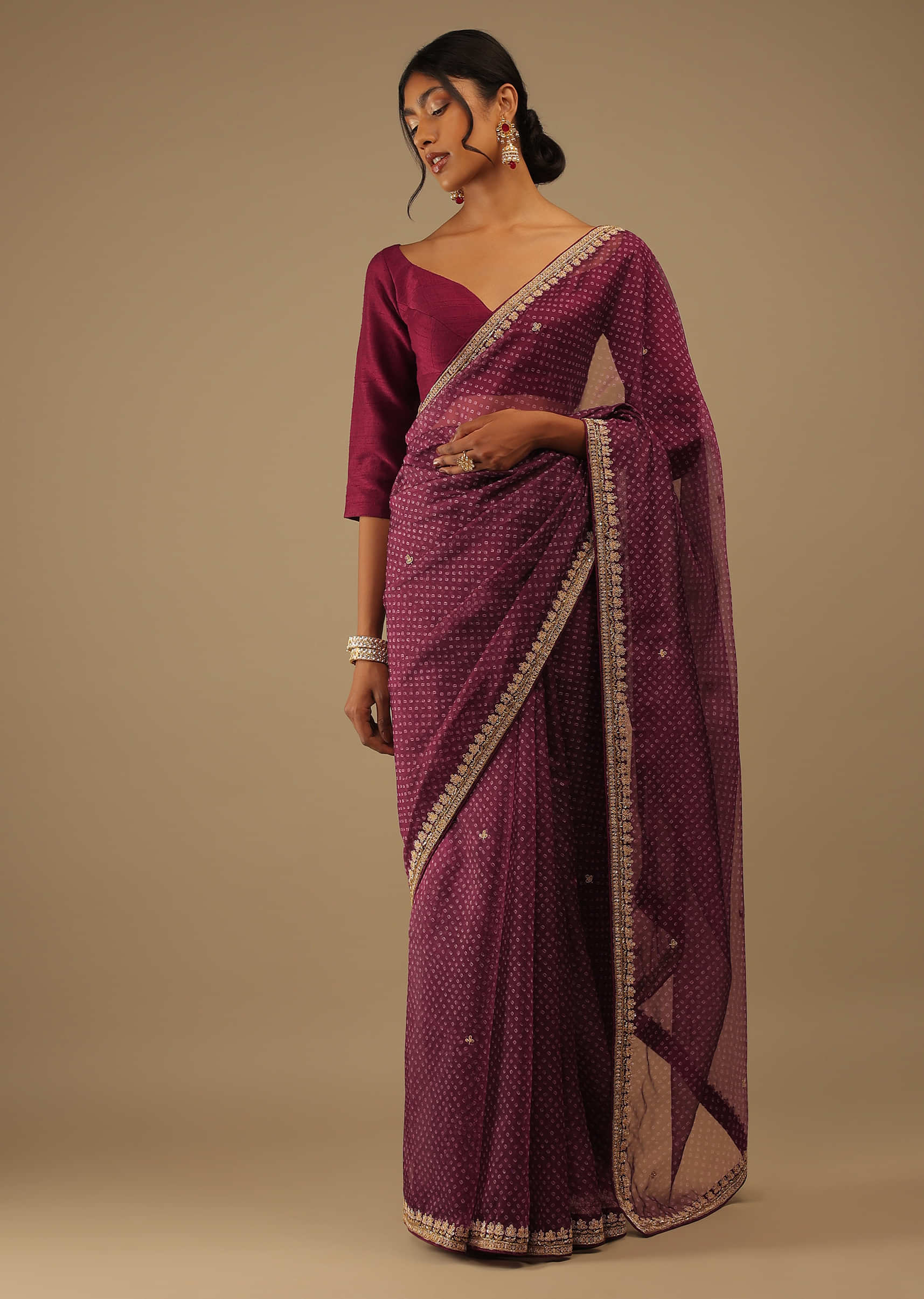 Grape Juice Saree In Digital Bandhani Print, Crafted In Organza In Sequins And Cut Dana Floral Butti Embroidery, Crafted In Organza With Cut Dana Floral Embroidery Buttis