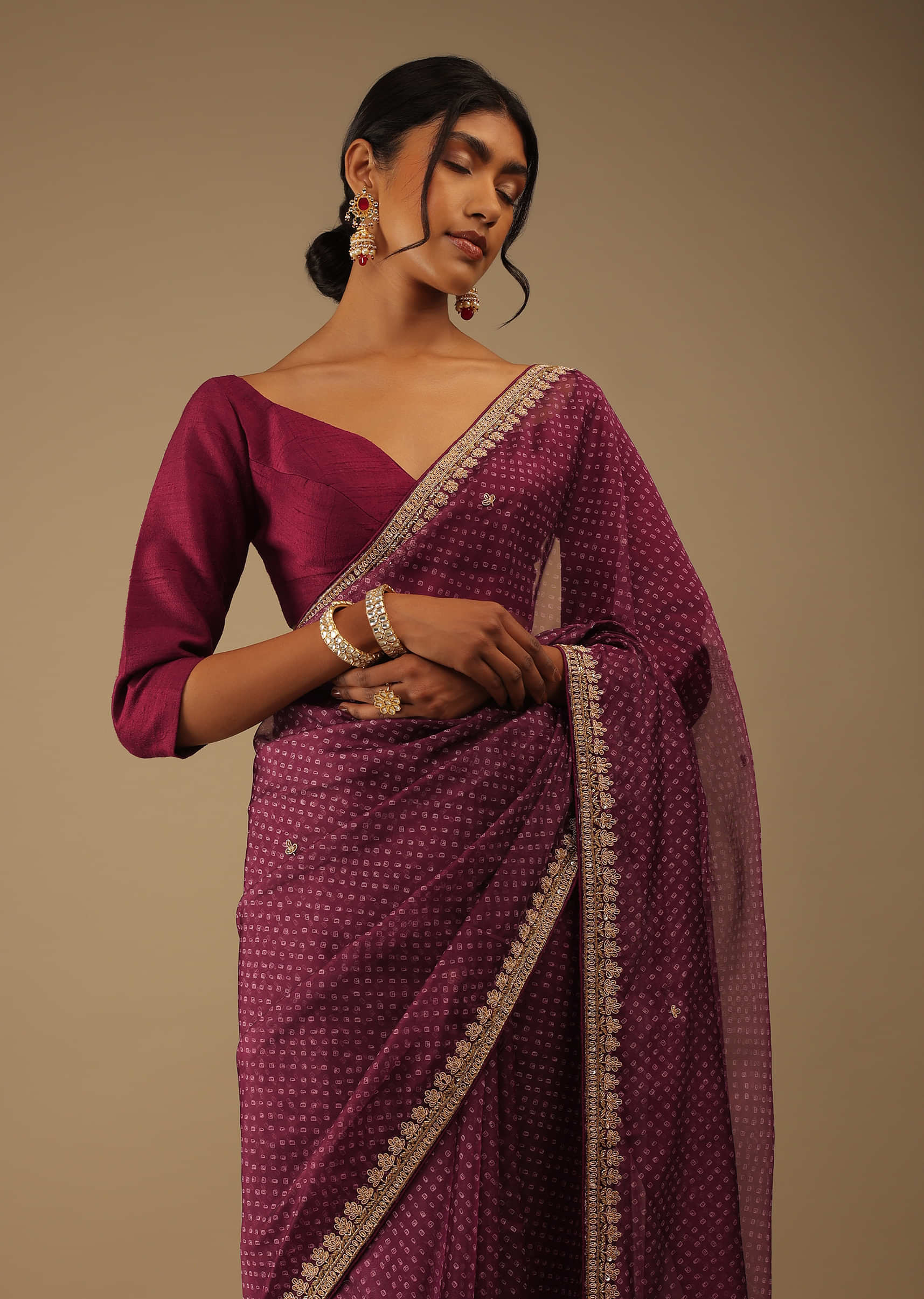 Grape Juice Saree In Digital Bandhani Print, Crafted In Organza In Sequins And Cut Dana Floral Butti Embroidery, Crafted In Organza With Cut Dana Floral Embroidery Buttis