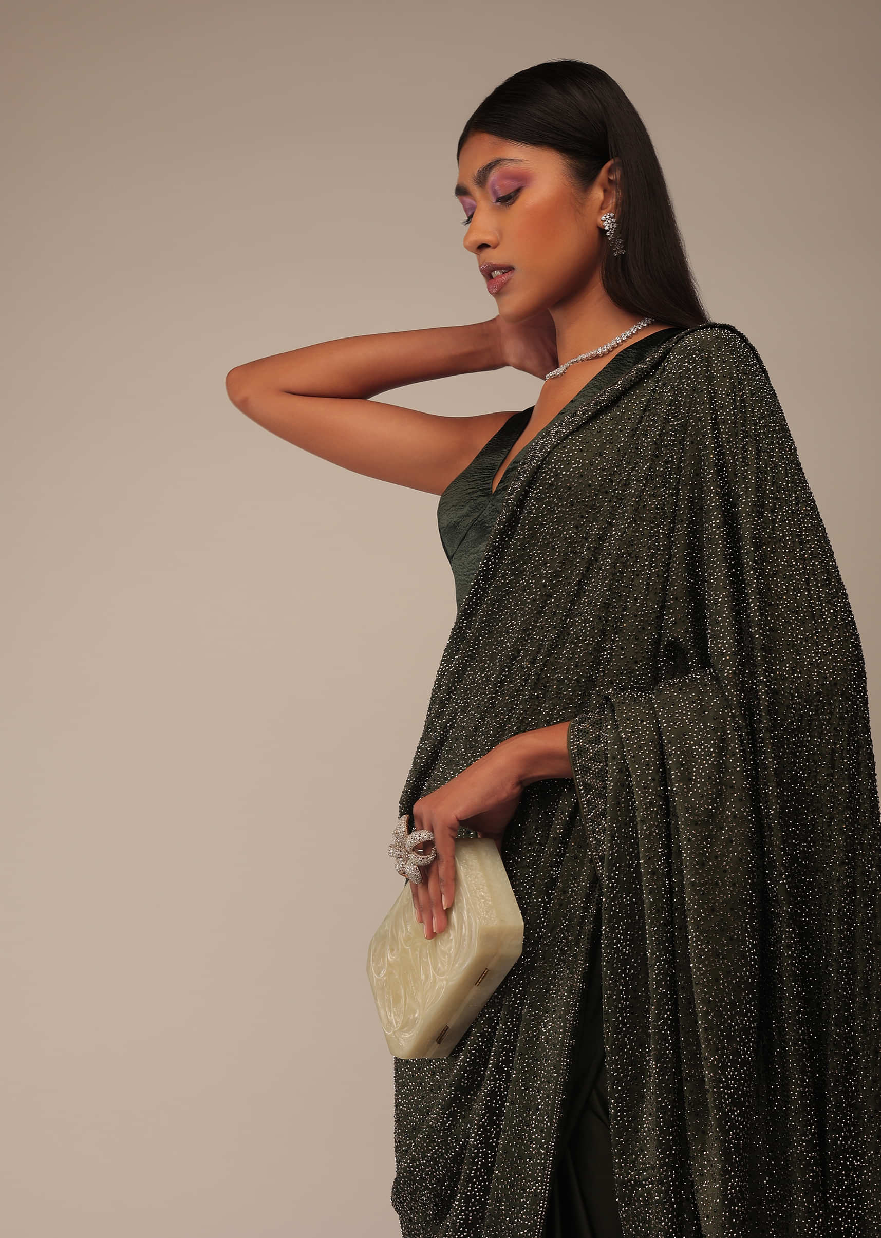 Grape Leaf Saree In Stone Embellishment, Crafted In Satin With Scattered Stones In Geometric Design