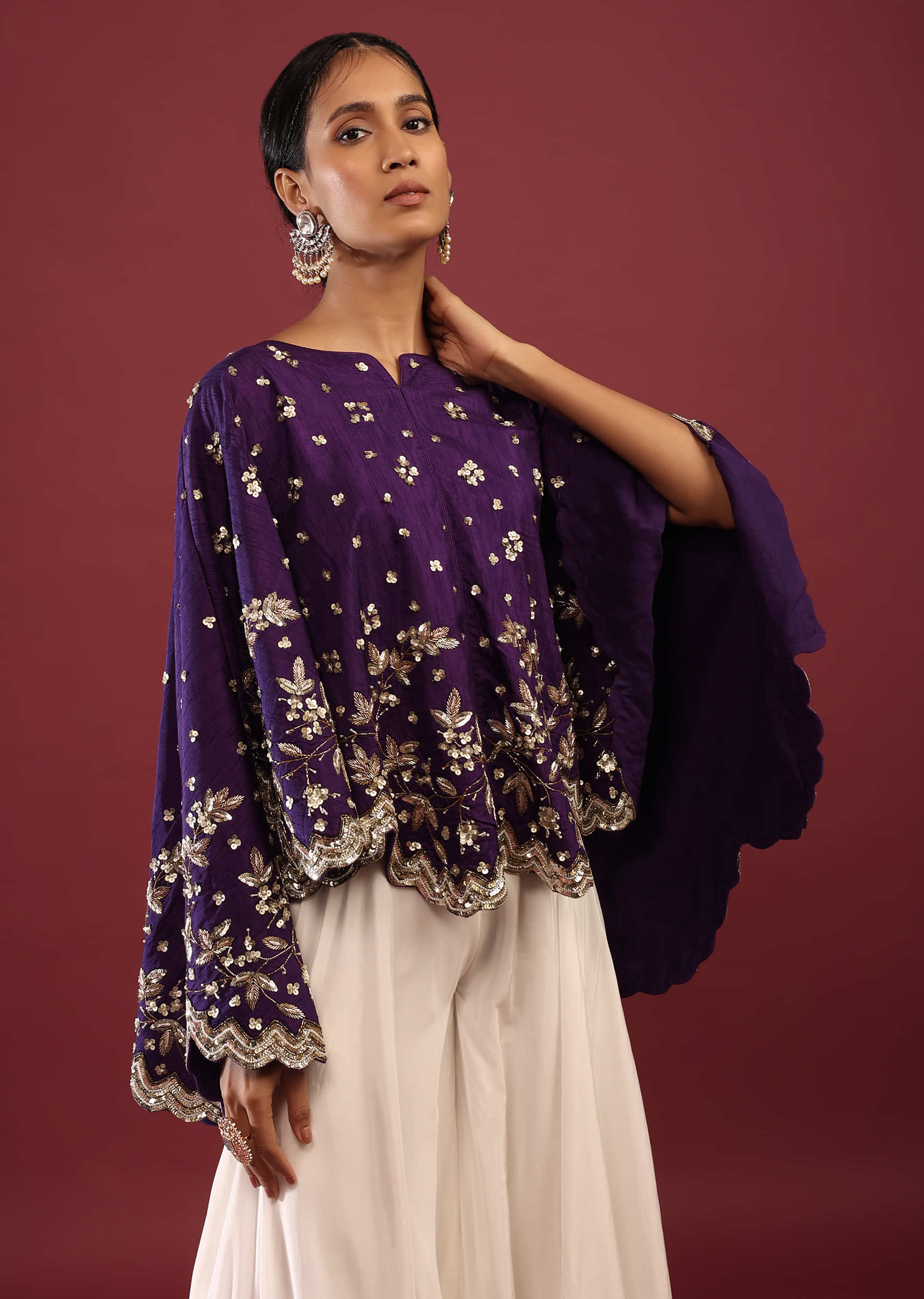 Grape Purple High Low Cape And White Palazzo Suit With Sequins And Zardosi Flowers 