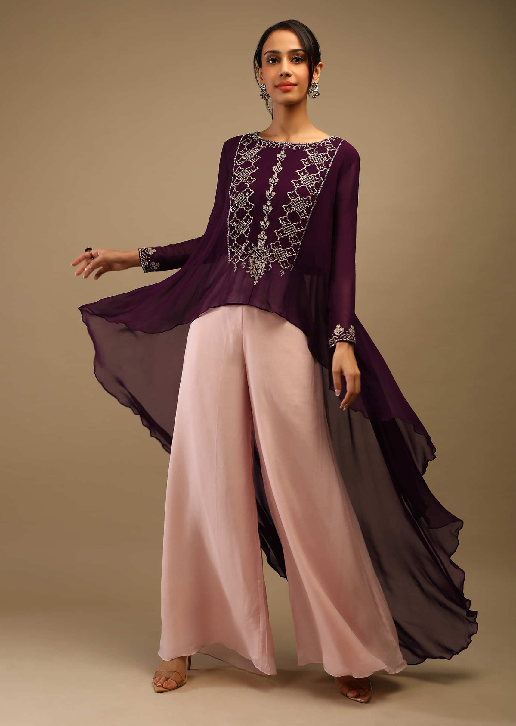 Grape Purple High Low Top And Onion Pink Palazzo Pants Set With Sequins And Zari Embroidered Ethnic Motifs On The Yoke  