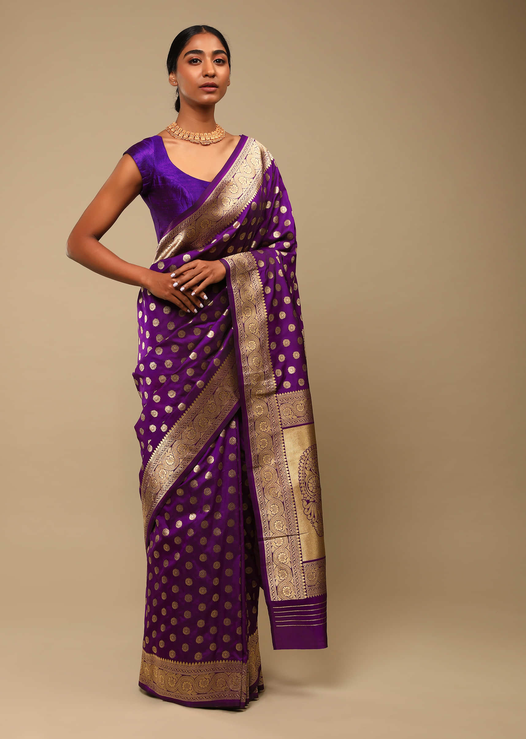 Buy Wine Purple Saree In Dupion Silk With Cut Dana And Moti Embroidered  Stripes And Floral Border Online - Kalki Fashion