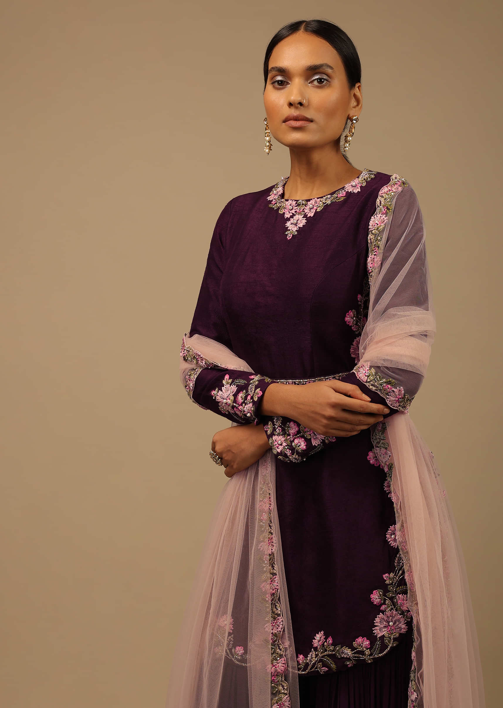 Grape Purple Sharara Suit With Multi Colored Resham Embroidered Floral Detailing And Peach Net Dupatta
