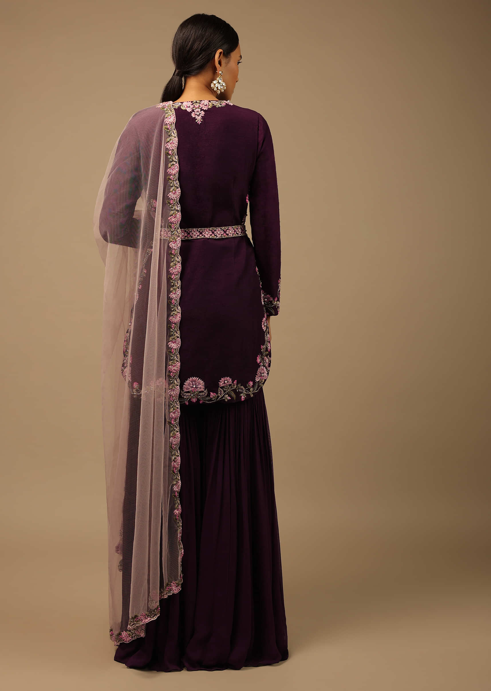 Grape Purple Sharara Suit With Multi Colored Resham Embroidered Floral Detailing And Peach Net Dupatta