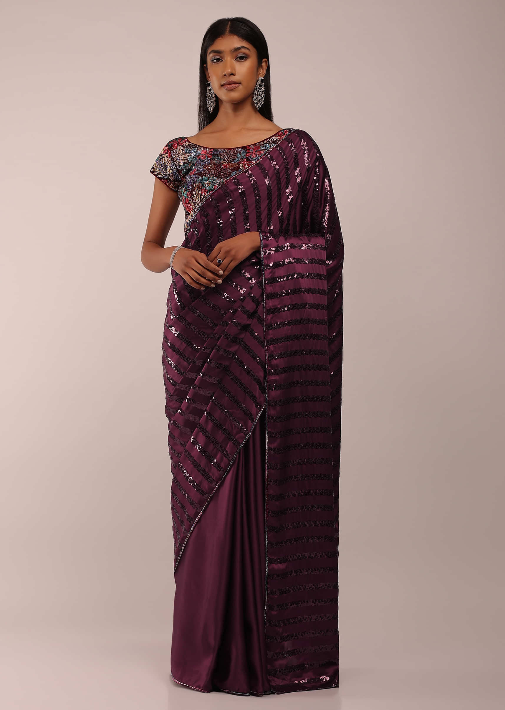 Grape Wine Satin Saree In Thick Strips Sequins Embroidery With Two Tones Beads Embellishment On The Pallu Border