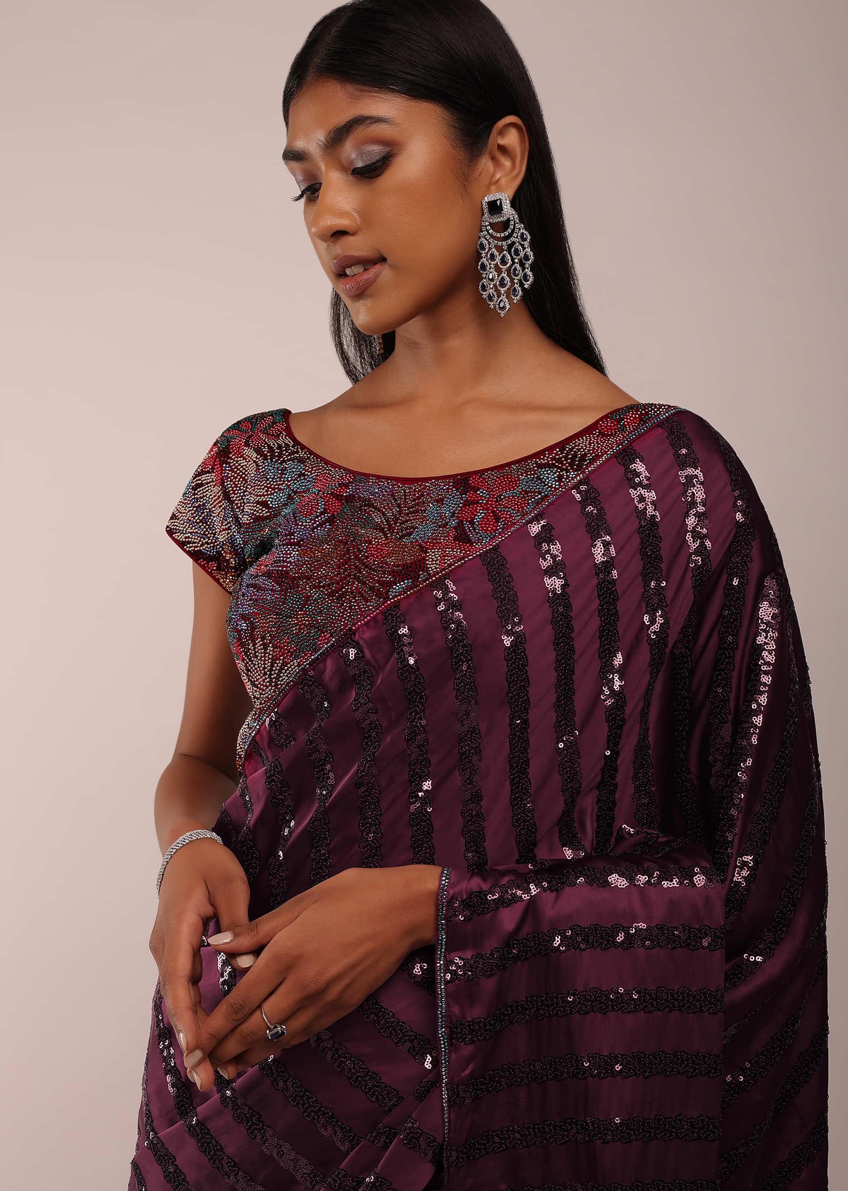 Buy Grape Wine Satin Saree In Thick Strips Sequins Embroidery With Two ...