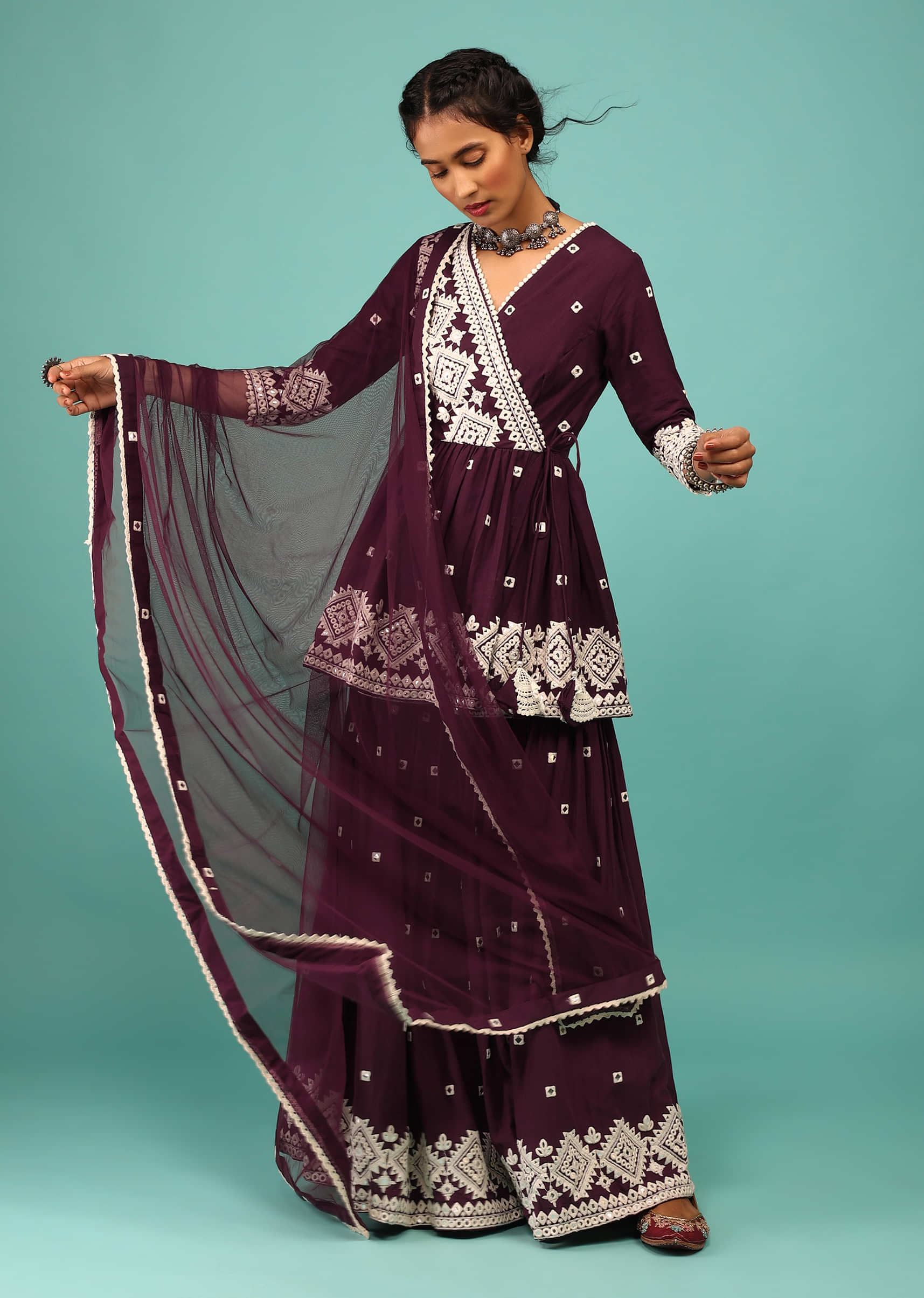 Grape Wine Sharara Suit In Cotton With Angarakha Peplum Top & Lucknowi Embroidery