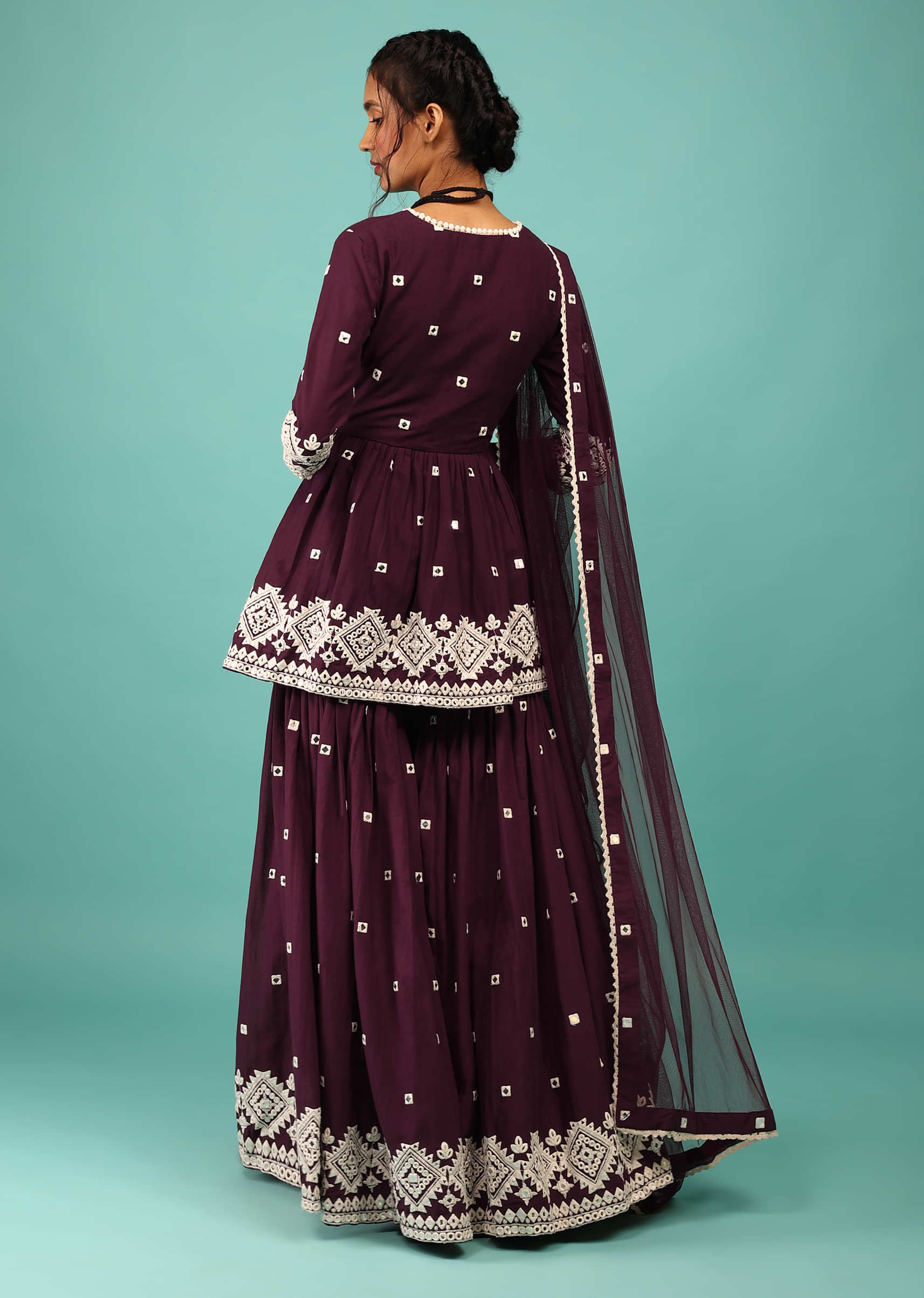 Mulberry Purple Sharara Suit In Cotton With Angarakha Peplum Top & Lucknowi Embroidery
