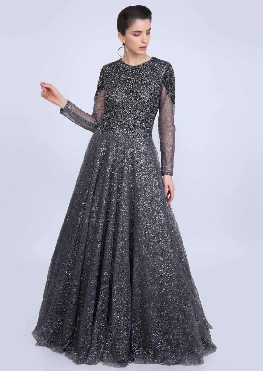 Shreya Goshal in Kalki graphite grey flared ballroom gown adorn with self shimmer beads 
