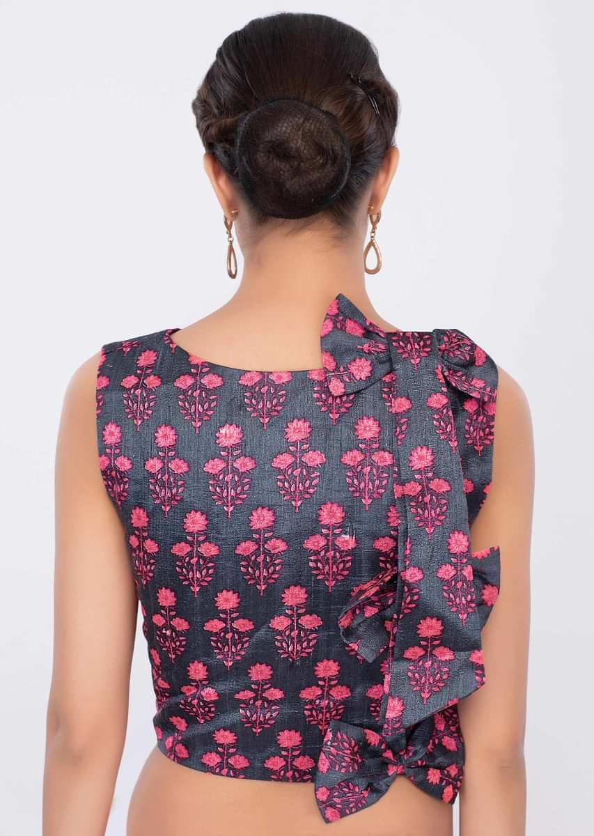 Graphite grey floral printed blouse with multiple bows at the back only on kalki