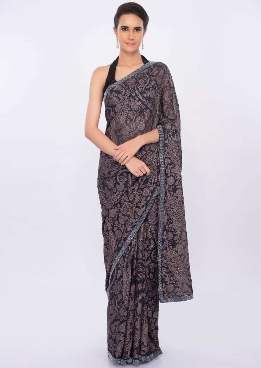 Graphite grey georgette saree in thread jaal embroidery only on kalki