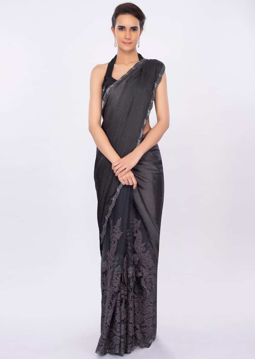 Graphite grey  half and half saree in satin and net only on kalki