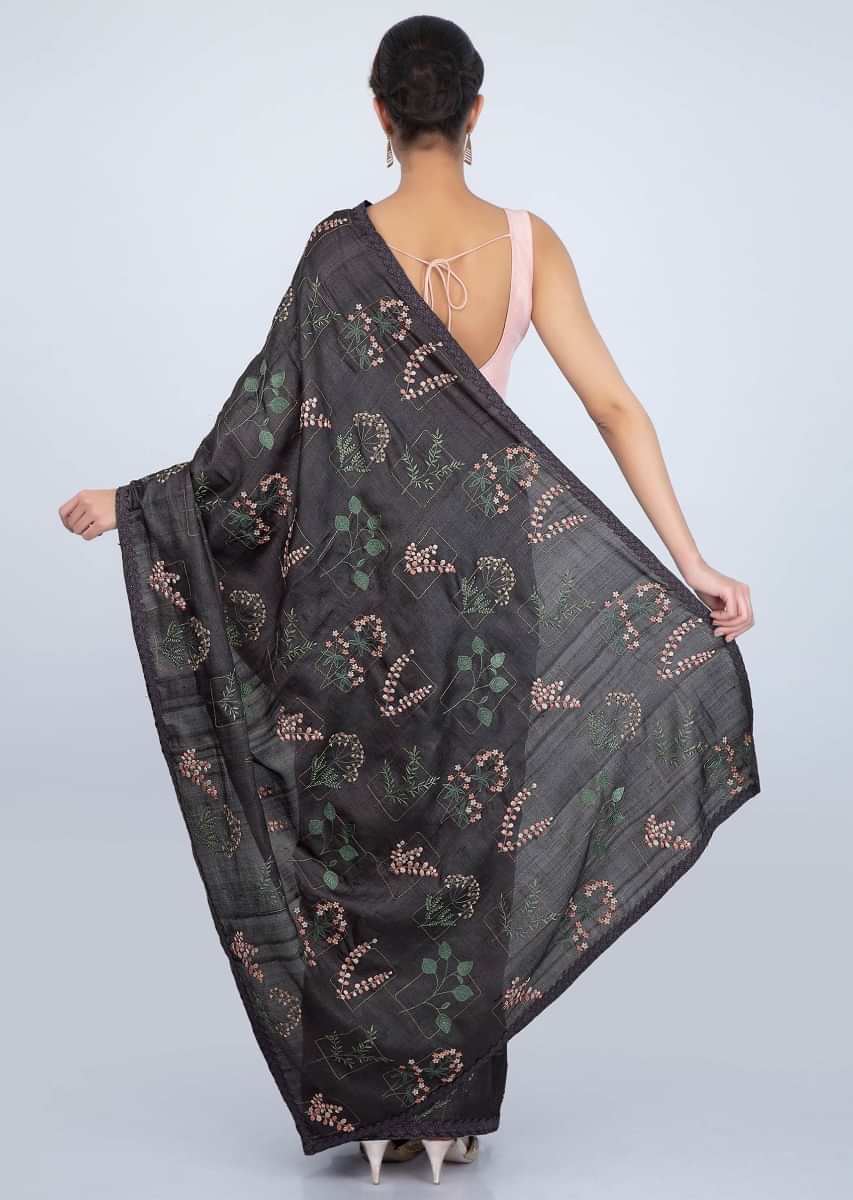 Graphite grey tussar silk saree in multi color floral embroidery only on Kalki