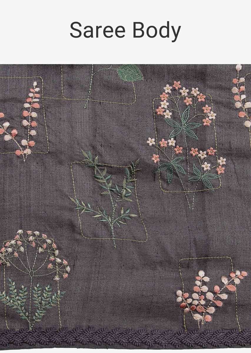 Graphite grey tussar silk saree in multi color floral embroidery only on Kalki