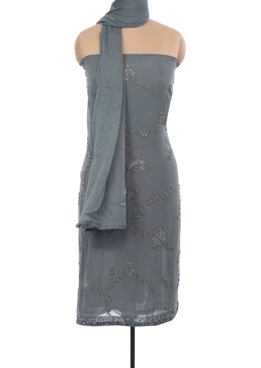 Graphite grey unstitched suit in floral jaal work only on Kalki