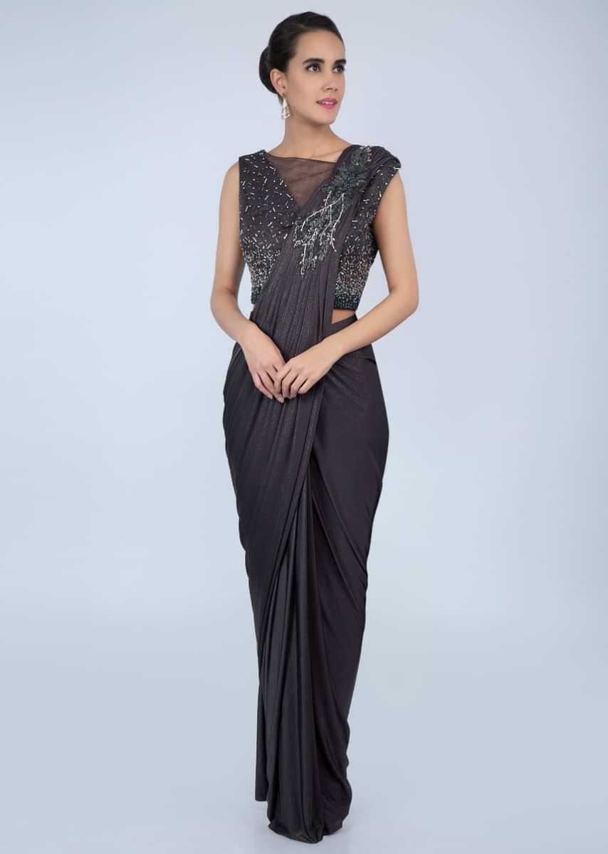 Graphite Grey Saree In Lycra With Ready Pleats And Draped Pallu Online - Kalki Fashion