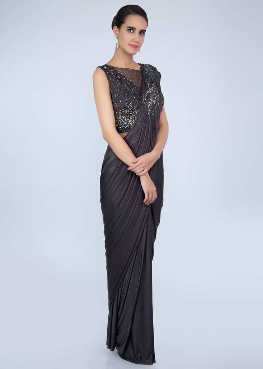 Graphite Grey Saree In Lycra With Ready Pleats And Draped Pallu Online - Kalki Fashion