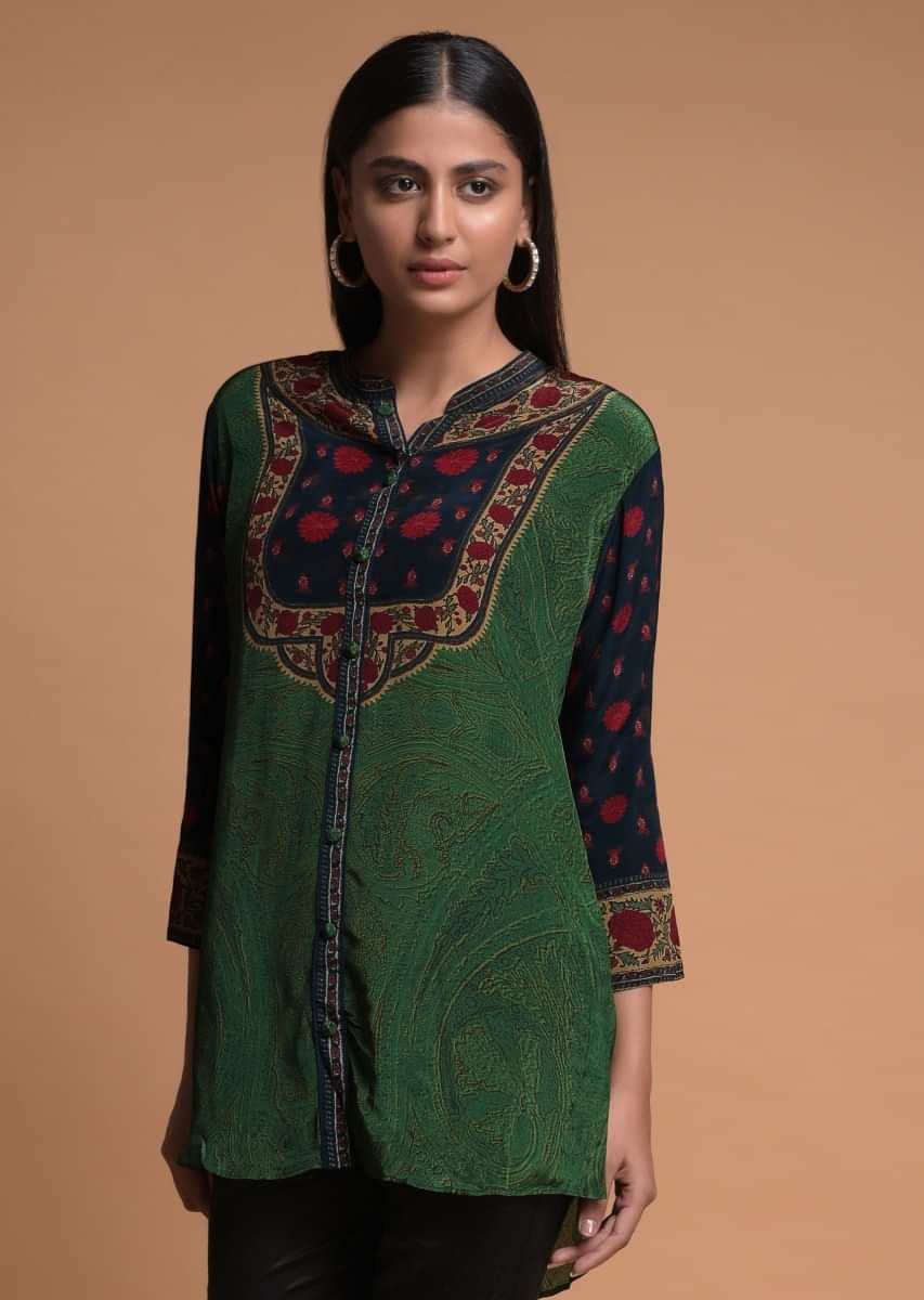 Buy Grass Green Short Kurti In Crepe With Floral And Abstract Print ...