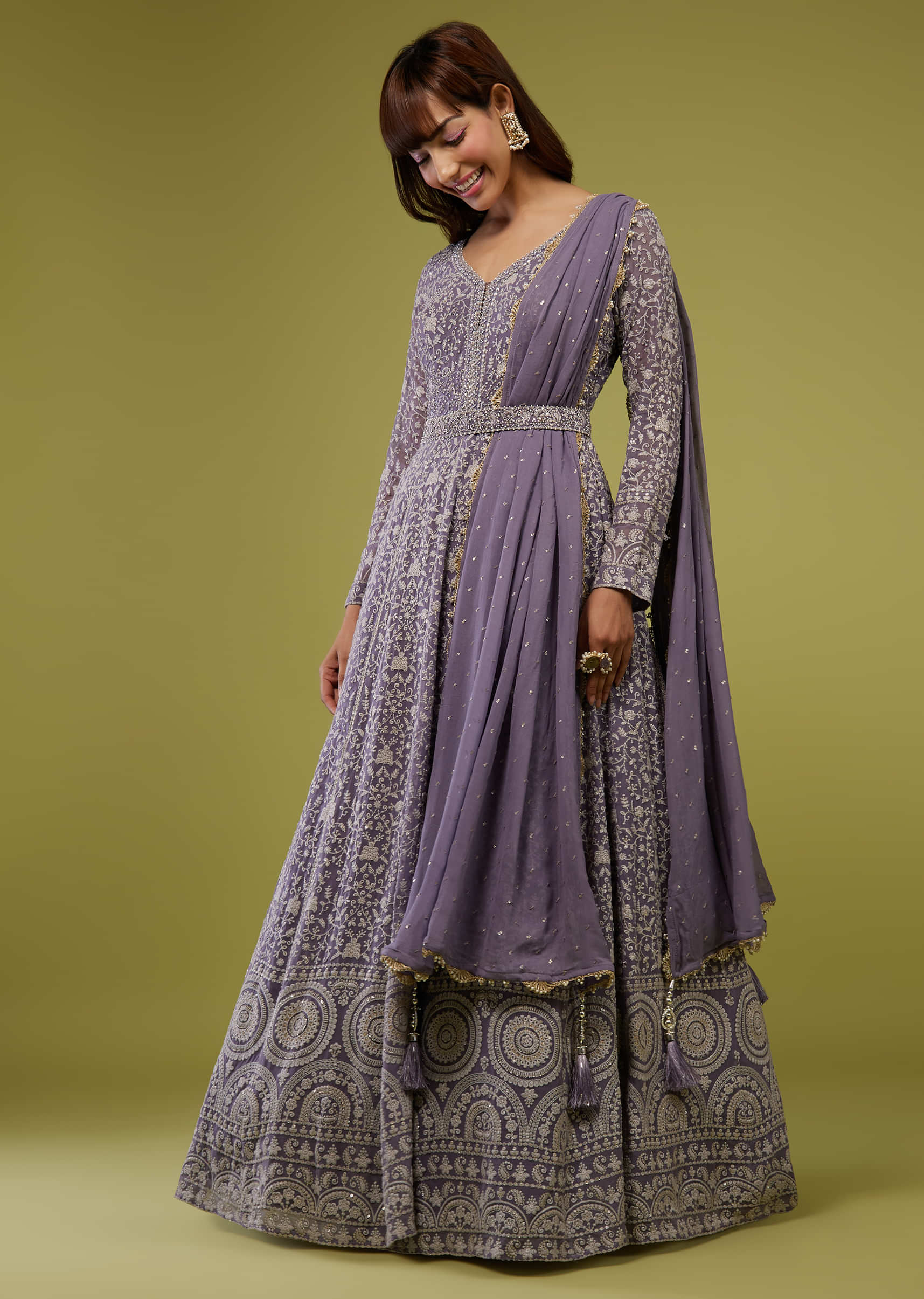 Mauve Purple Lucknowi Anarkali Suit With Belt