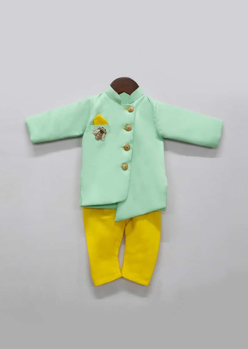 Kalki Boys Green Ajkan And Yellow Pants Set With Asymmetric Hem And Embroidered Patchwork In Bee Motif By Fayon Kids