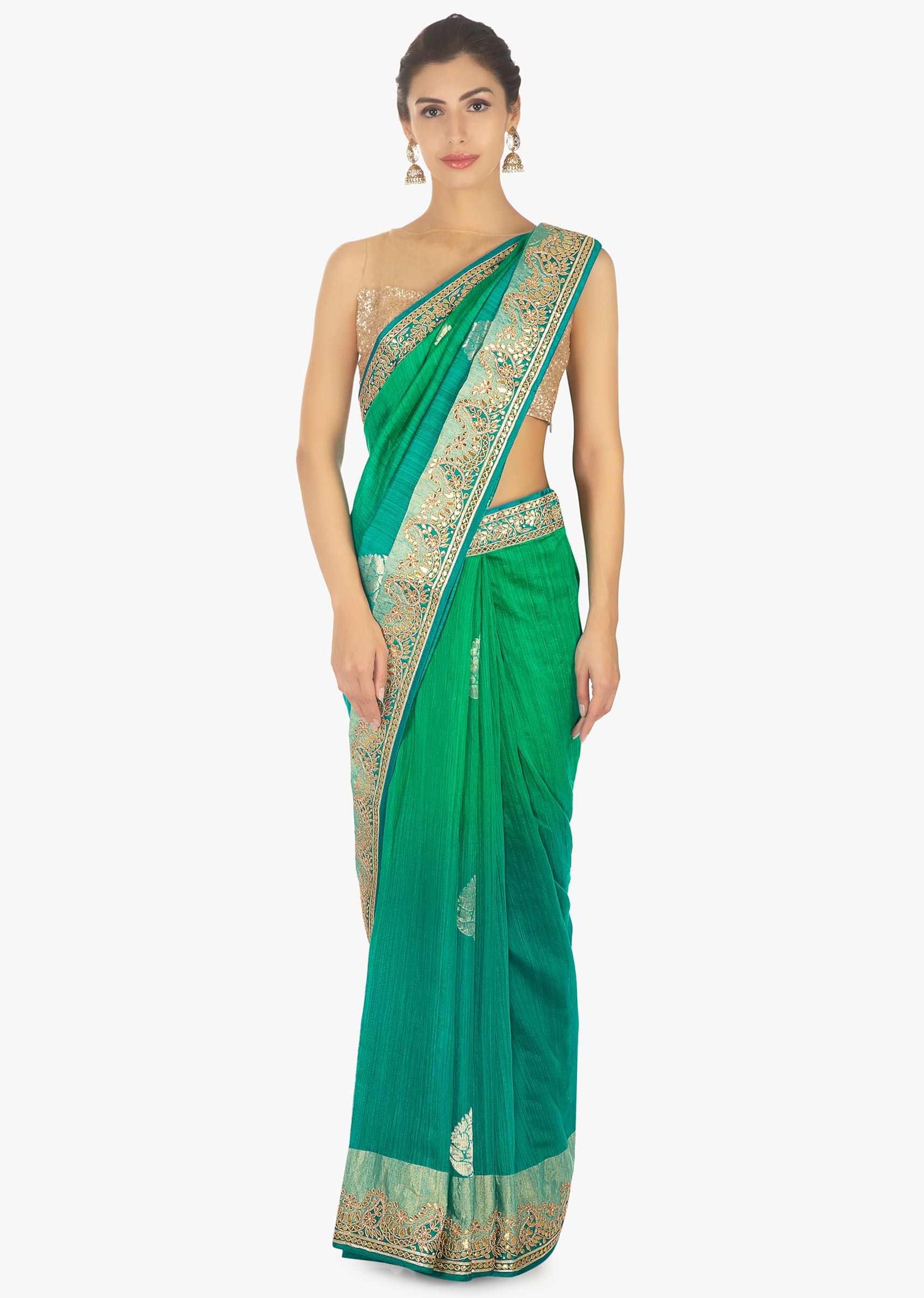 Green and blue shaded raw silk saree in weaved butti 