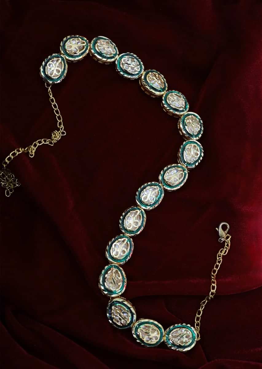 Green And Gold Headband With Kundan Work In A Timeless Classic Design By Paisley Pop