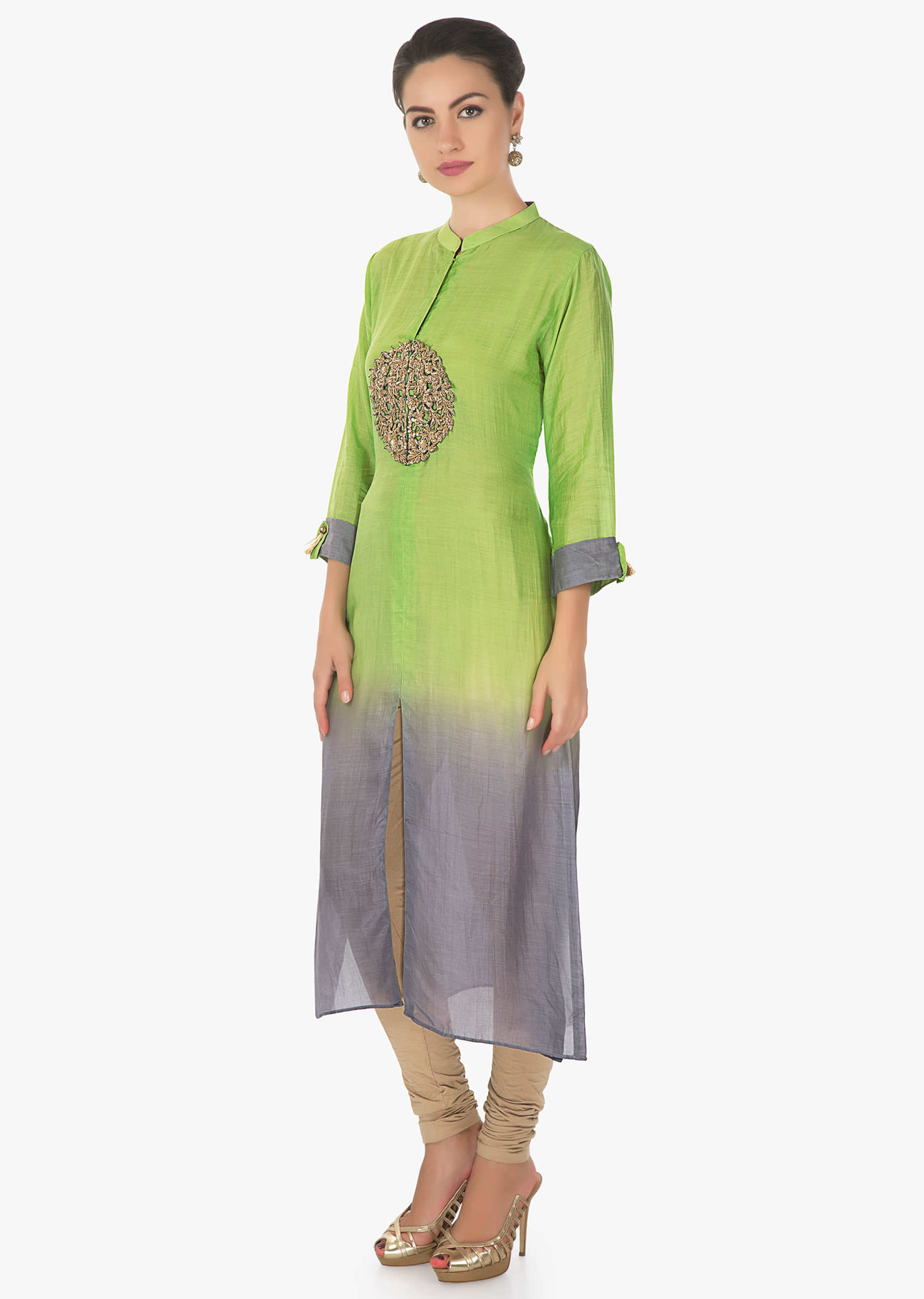 Green and grey kurti in mul cotton with zardosi cut work embroidery ...