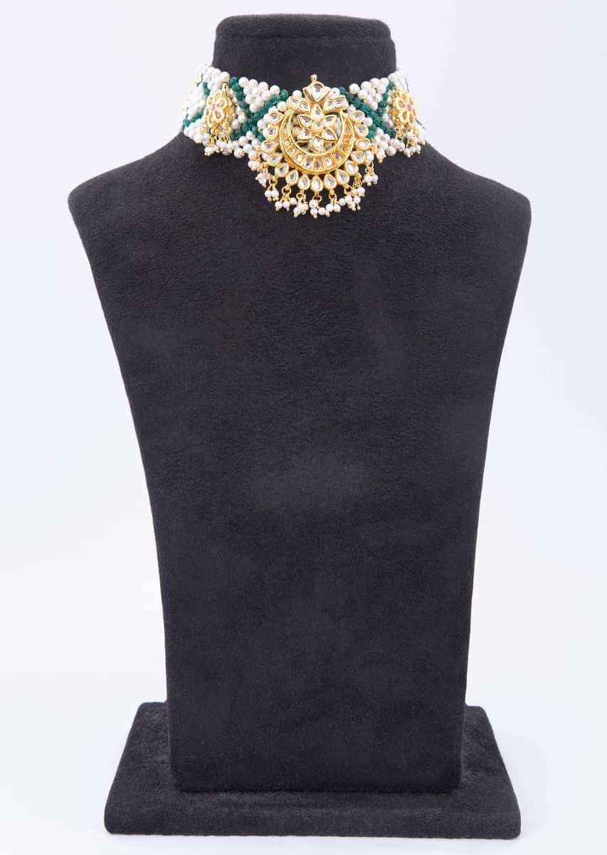 Green and white pearl base traditional chocker with kundan pendant only on kalki