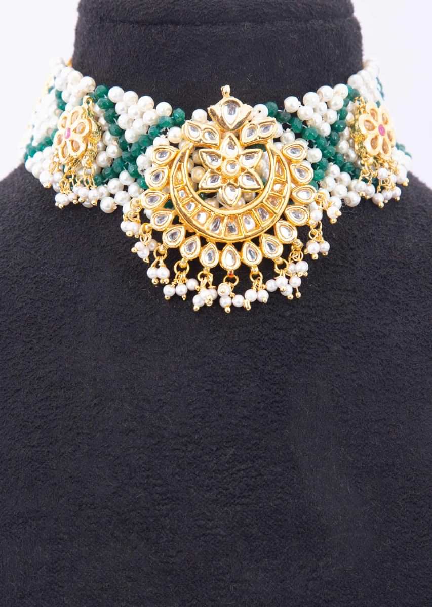 Green and white pearl base traditional chocker with kundan pendant only on kalki