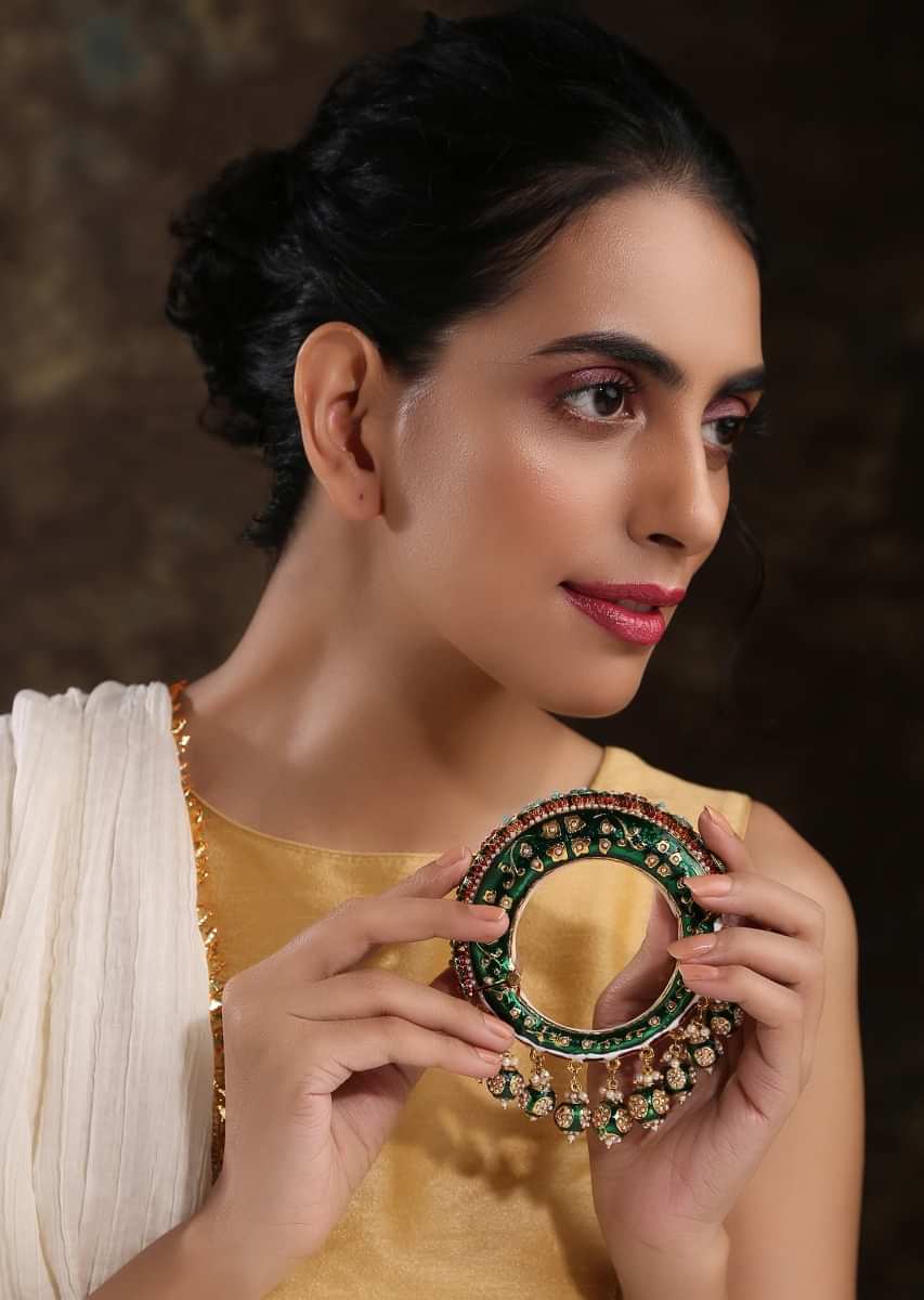 Green Bangle Featuring Hand Painted Minakari And Traditional Punjabi Jadau Work With Shell Pearls By Paisley Pop