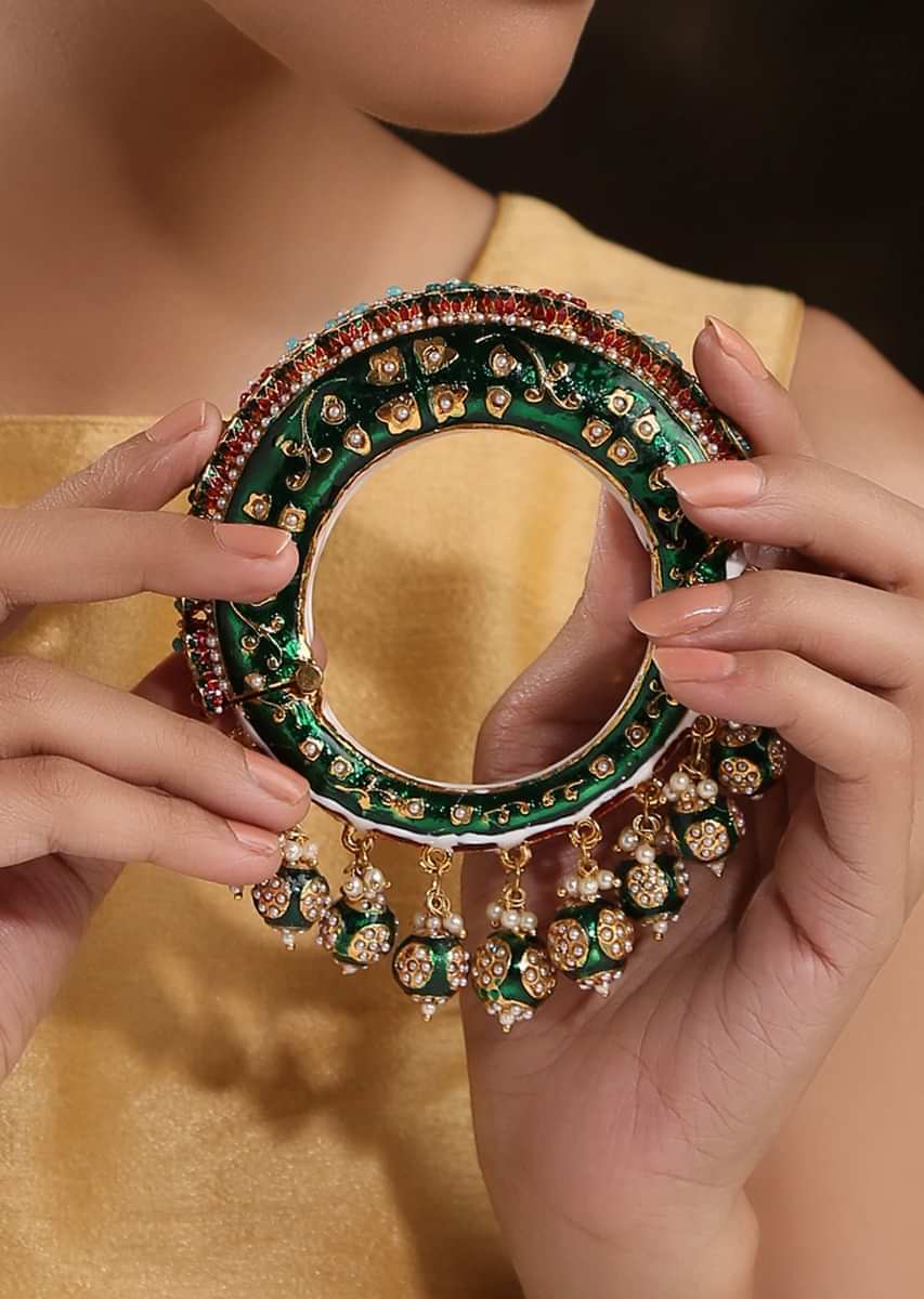 Green Bangle Featuring Hand Painted Minakari And Traditional Punjabi Jadau Work With Shell Pearls By Paisley Pop