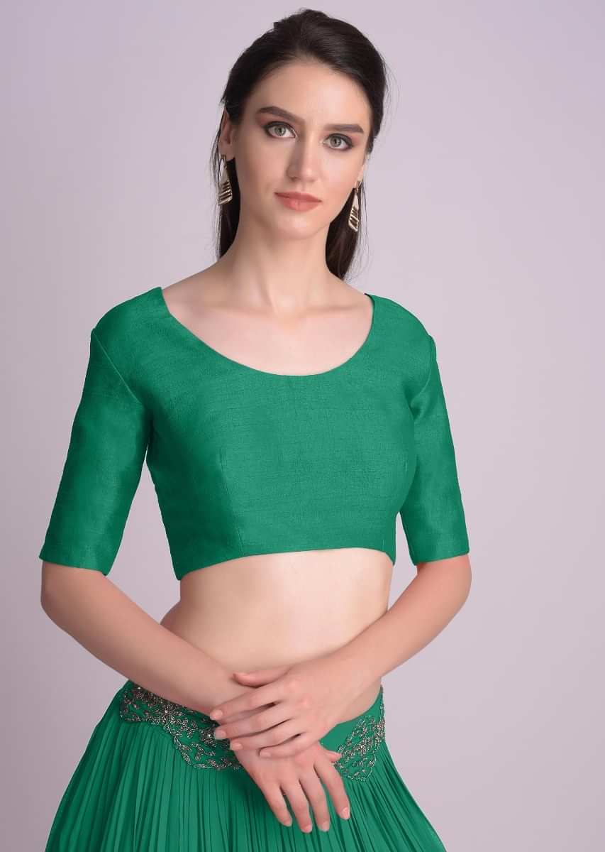Green Blouse With Half Sleeves And Round Neckline 