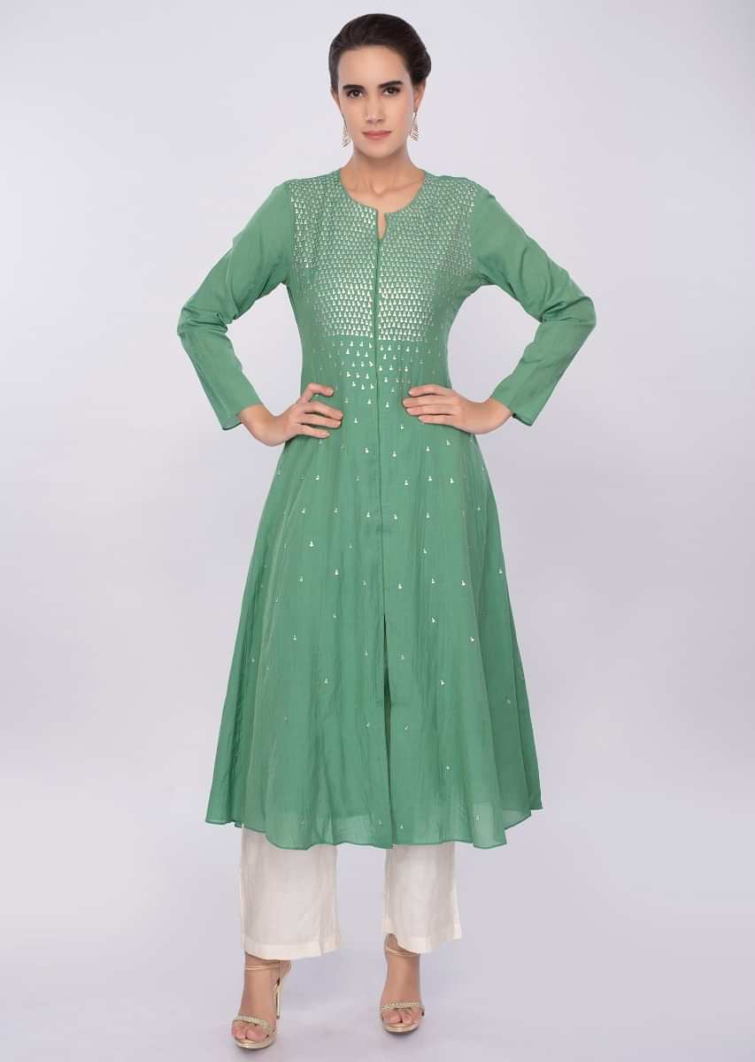 Green cotton kurti adorn with sequins work only on Kalki