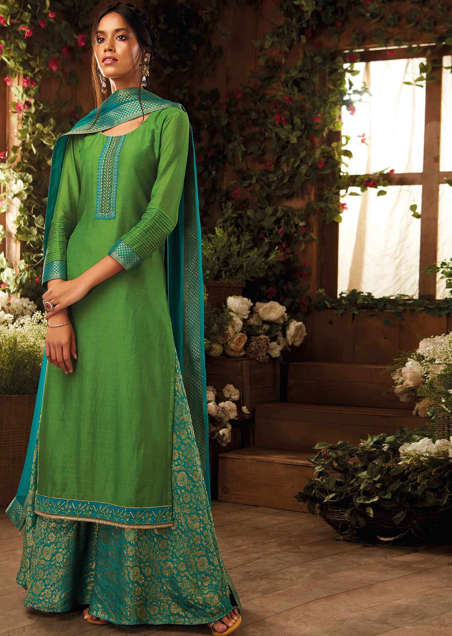 Bottle Green And Cream Color Salwar Suit With Taffeta Silk Fabric – Kaleendi