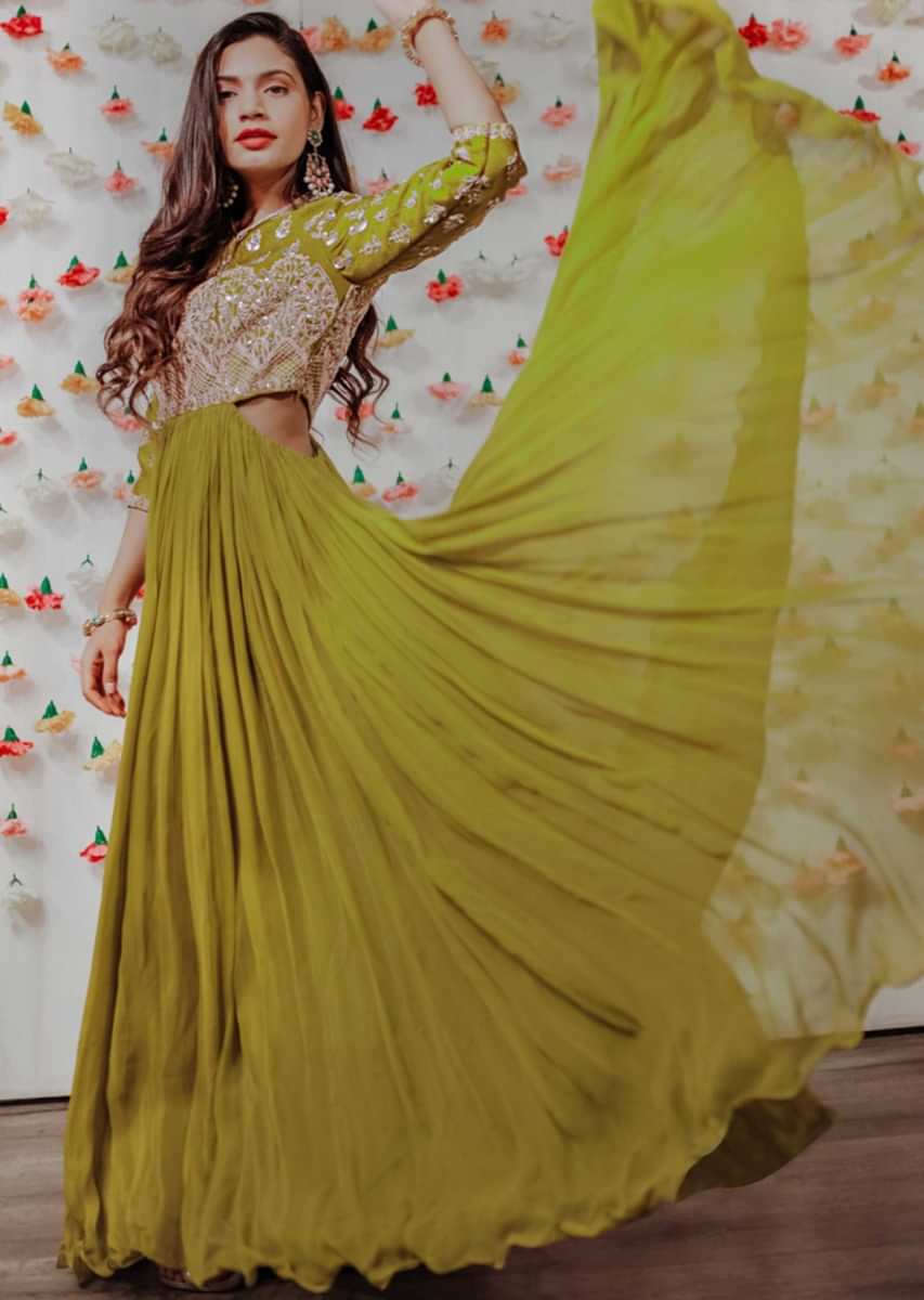 Green Georgette Anarkali With Embroidered Bodice And Cut Out From The Sides Only On Kalki Online - Kalki Fashion